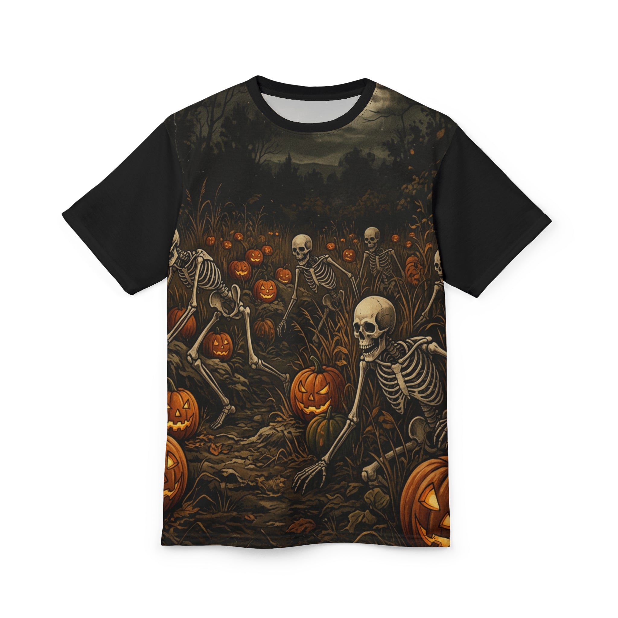 Halloween Skeleton Pumpkin Tee — Spooky Graveyard All-Over Print Shirt
