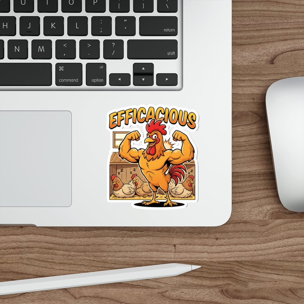Efficacious Rooster Die-Cut Sticker — Funny Muscular Chicken Farm Humor Sticker