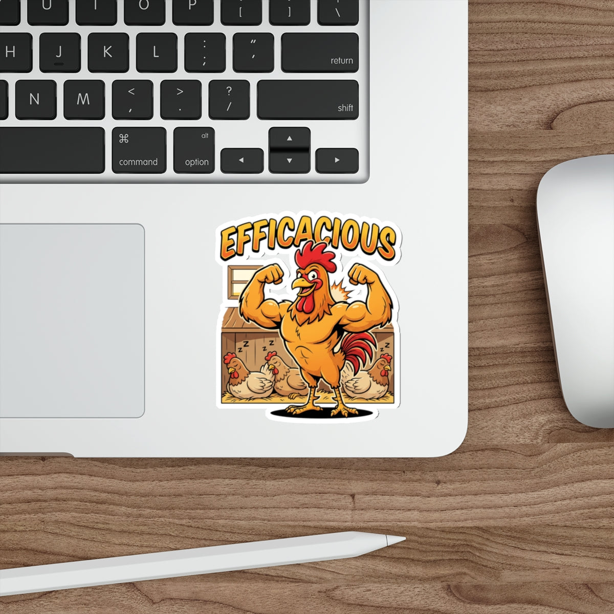 Efficacious Rooster Die-Cut Sticker — Funny Muscular Chicken Farm Humor Sticker