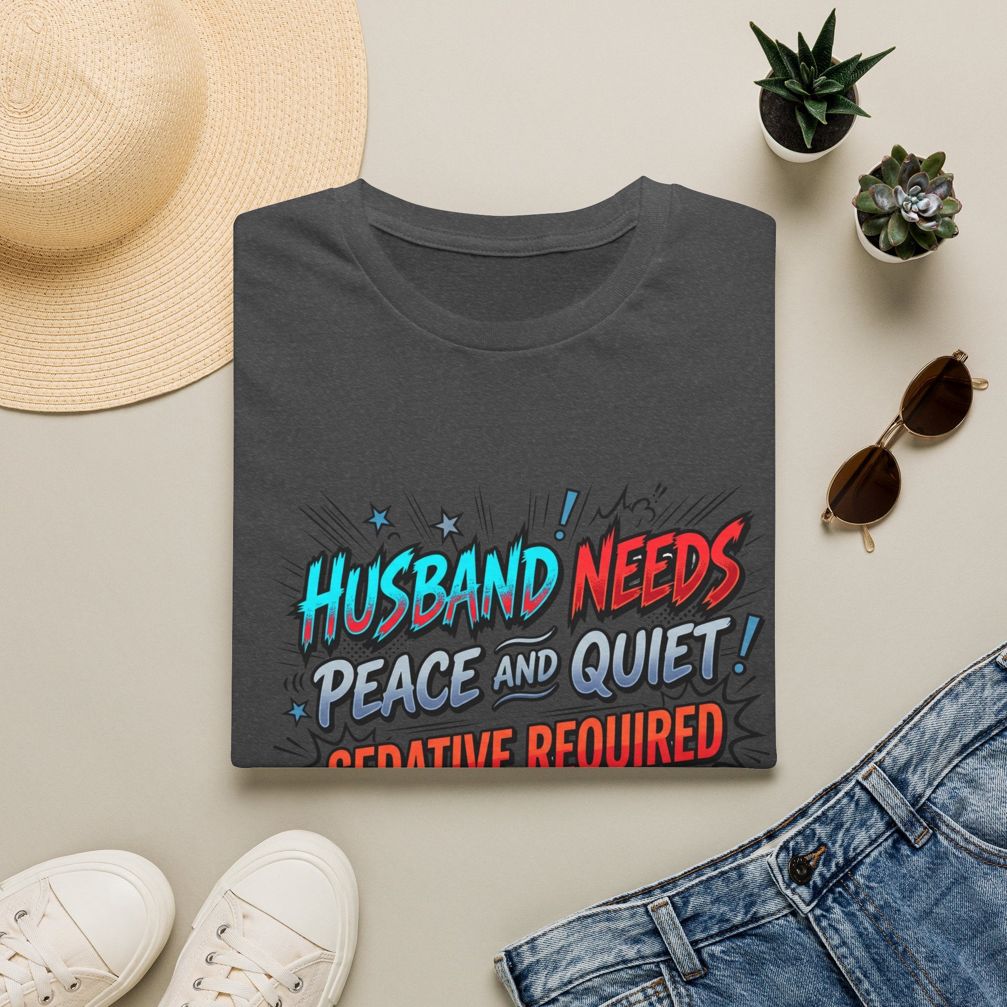 T-Shirt — "Husband Needs Peace and Quiet! Creative Required" Funny Graphic Tee for Wives & Couples
