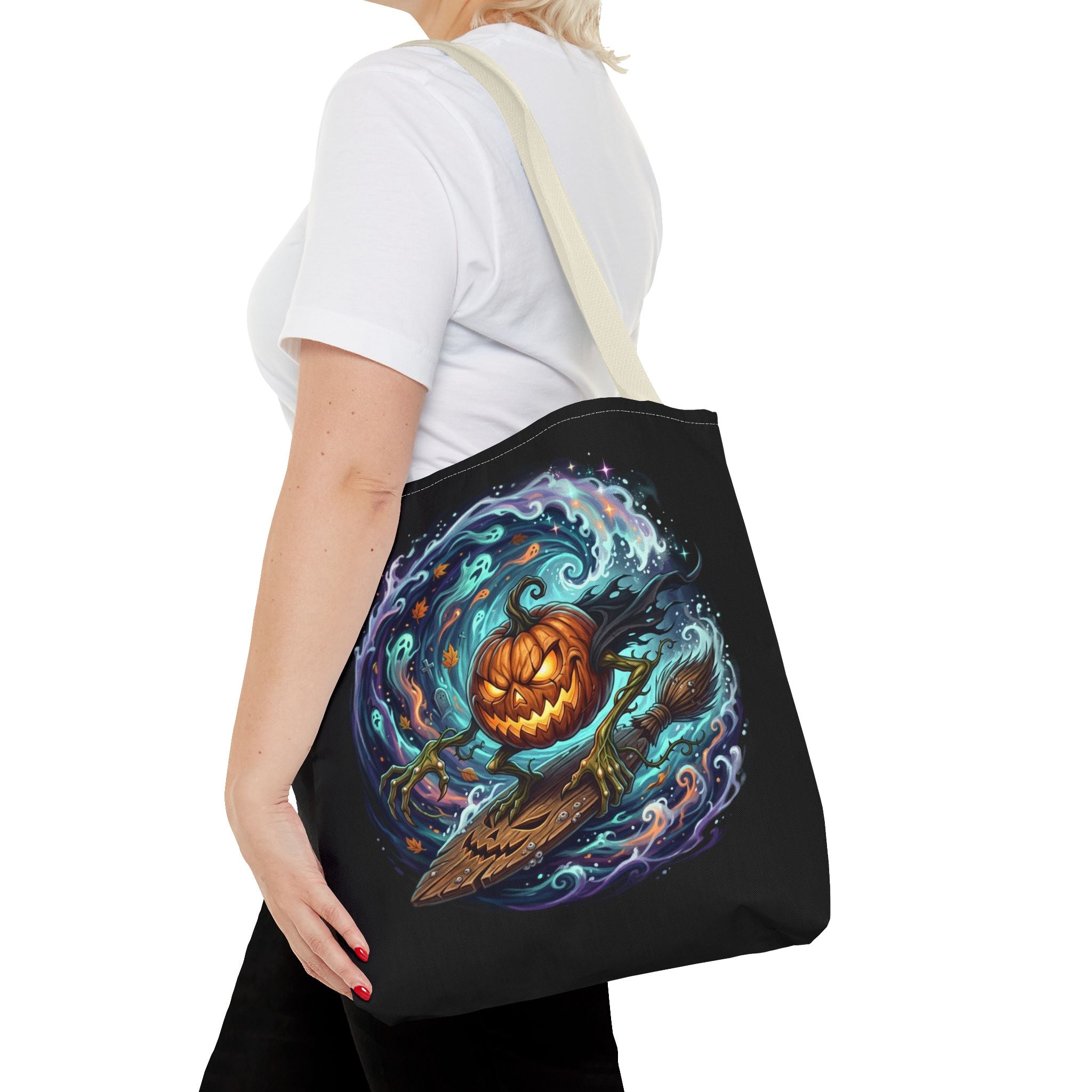 Halloween Surfing Pumpkin Tote Bag — Spooky Jack-o'-Lantern Beach Wave Tote