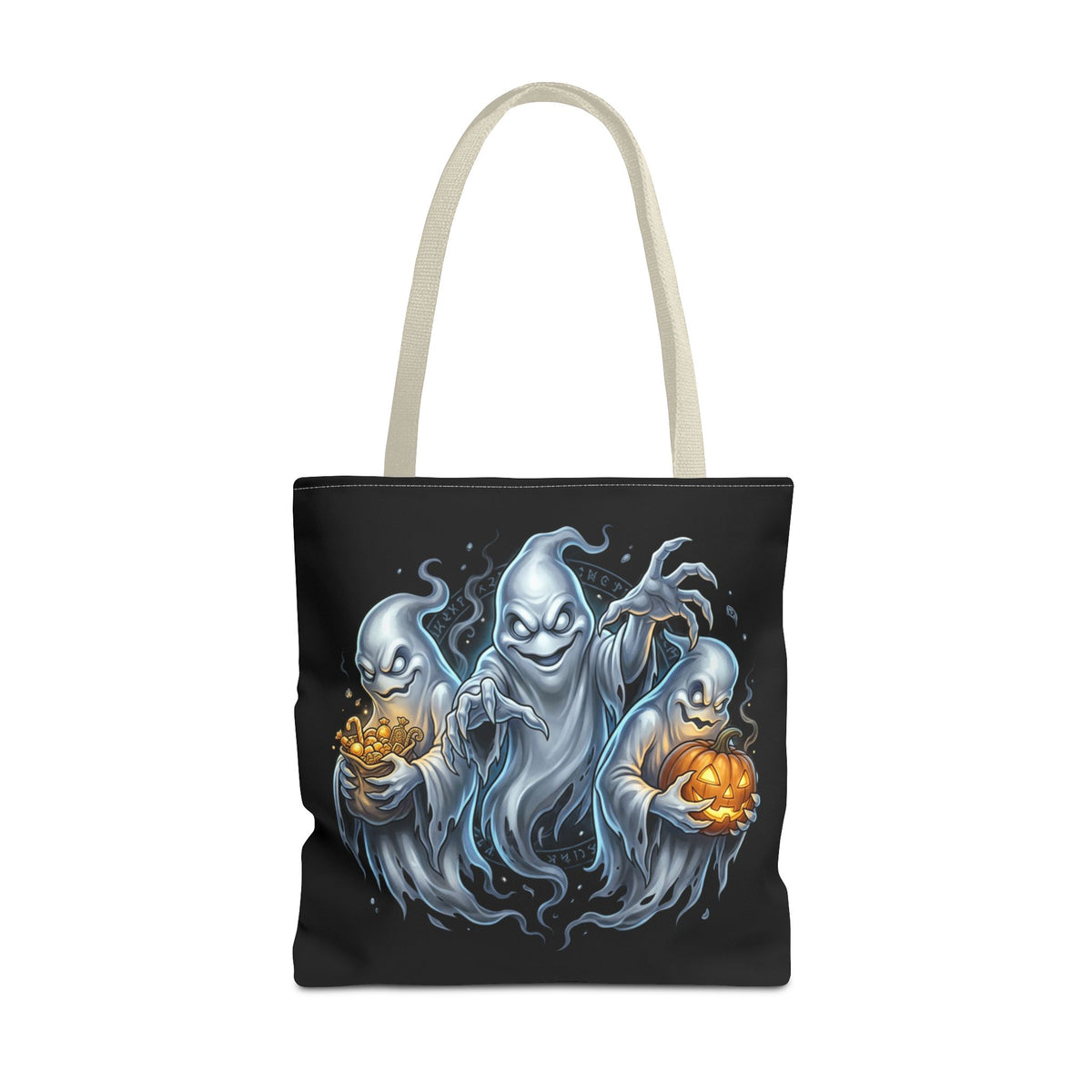 Halloween Ghost Trio Tote Bag — Spooky Pumpkin Trick-or-Treat AOP Tote