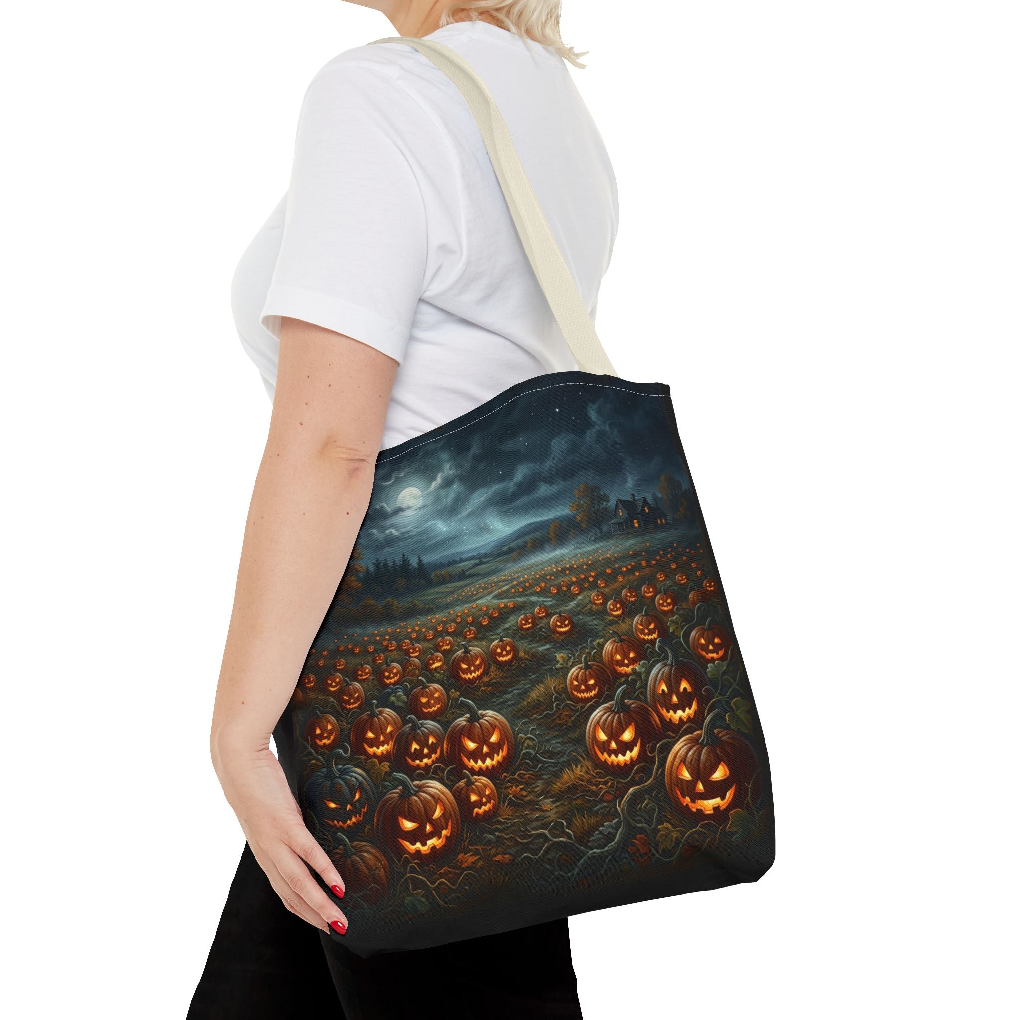 Halloween Pumpkin Field Tote Bag — Spooky Jack-O'-Lantern All-Over Print
