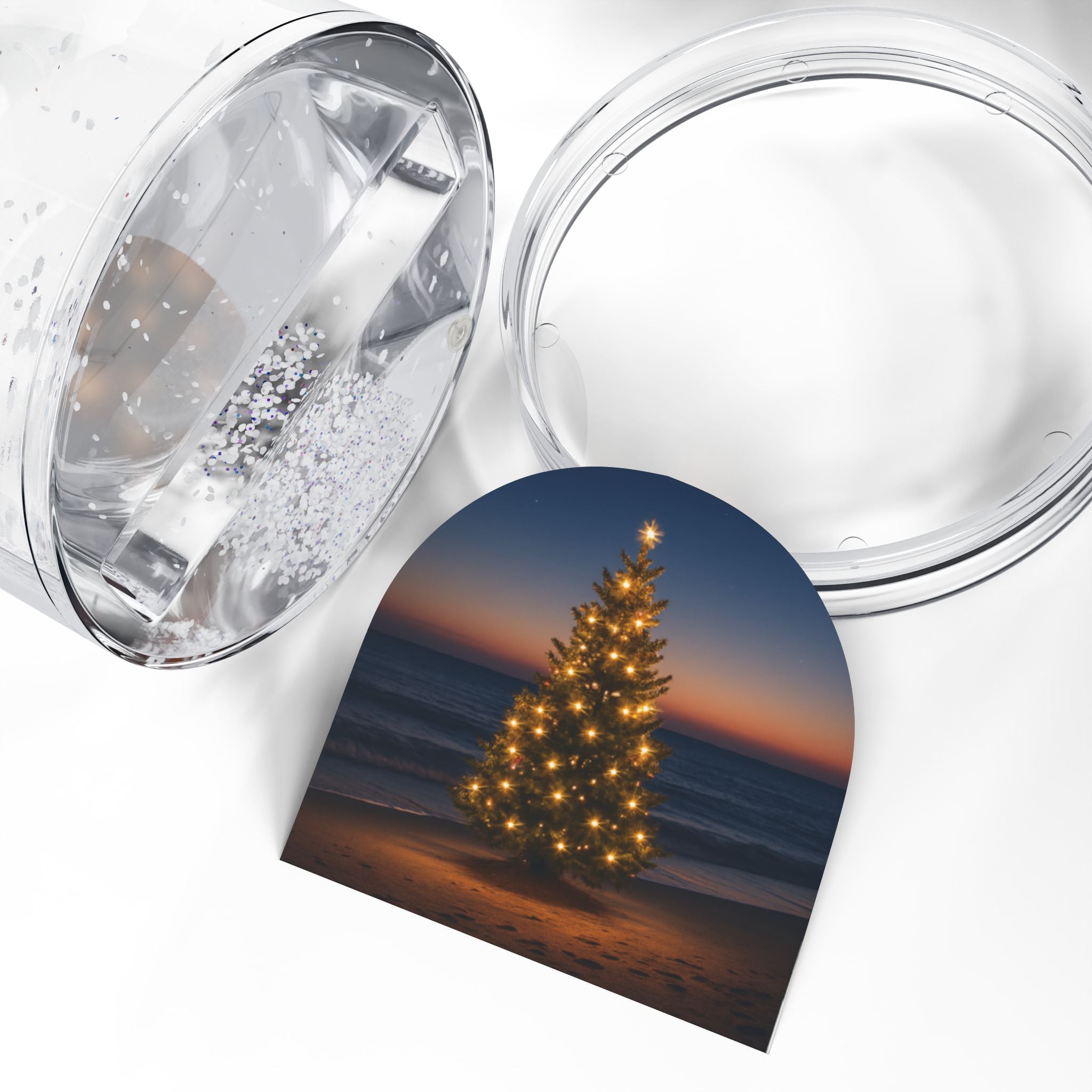 Coastal Christmas Snow Globe — Lit Holiday Tree Beach Scene