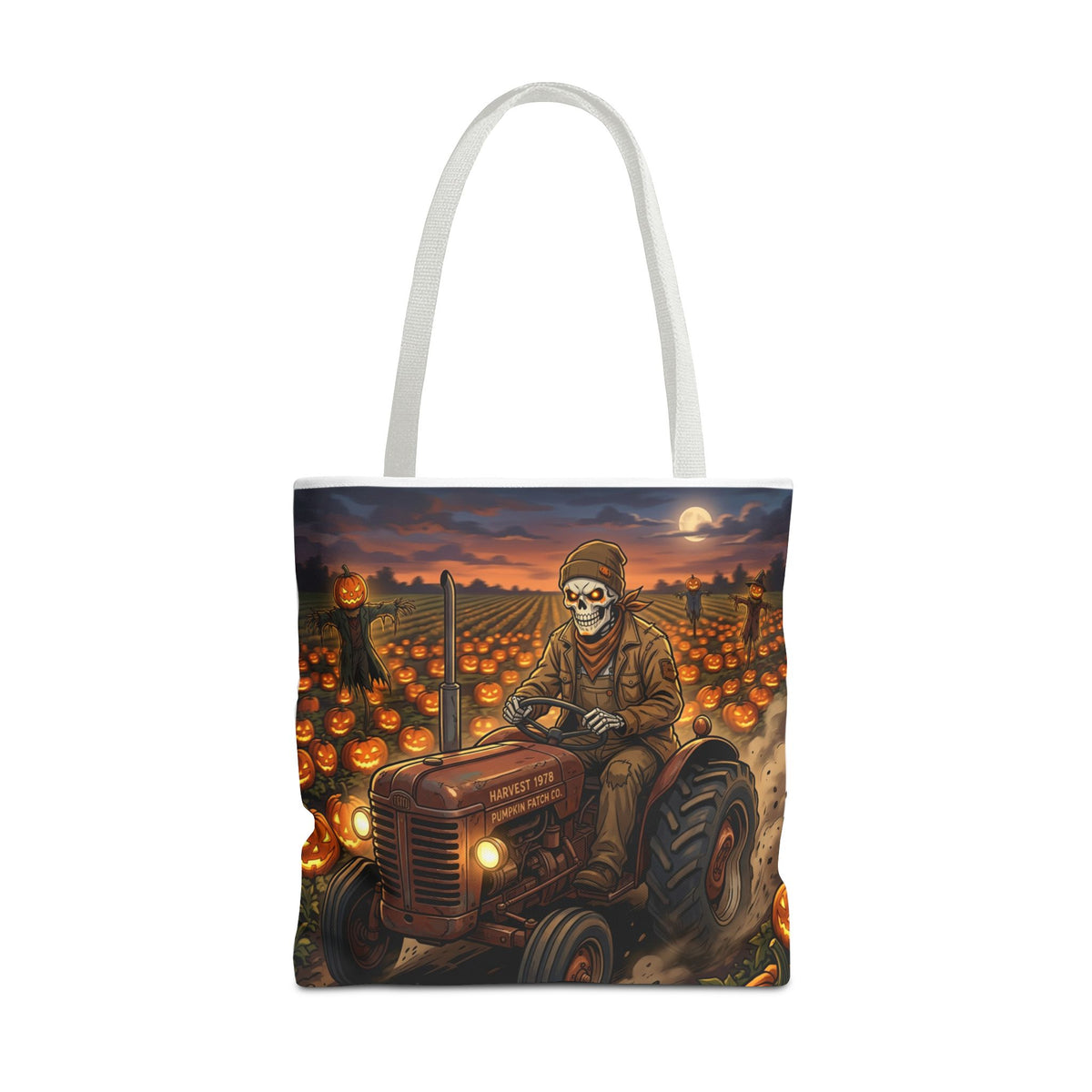 Halloween Pumpkin Field Tote — Skeletal Farmer on Tractor AOP Tote Bag