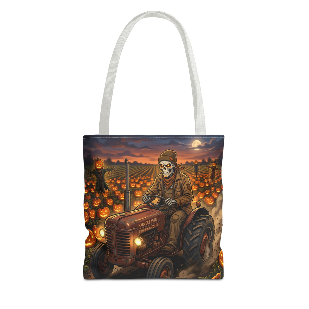 Halloween Pumpkin Field Tote — Skeletal Farmer on Tractor AOP Tote Bag