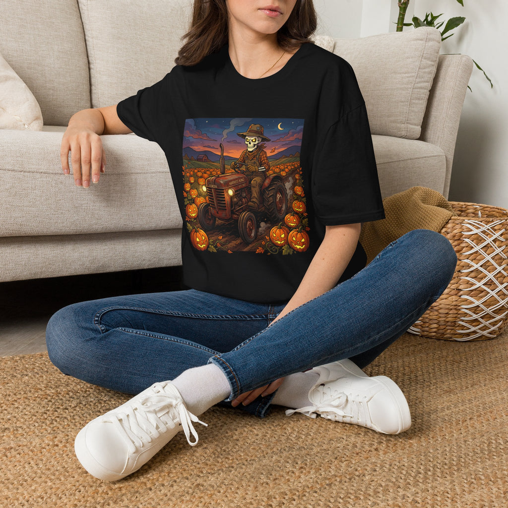 Halloween Pumpkin Farm T‑Shirt — Skeleton Farmer on Tractor Design