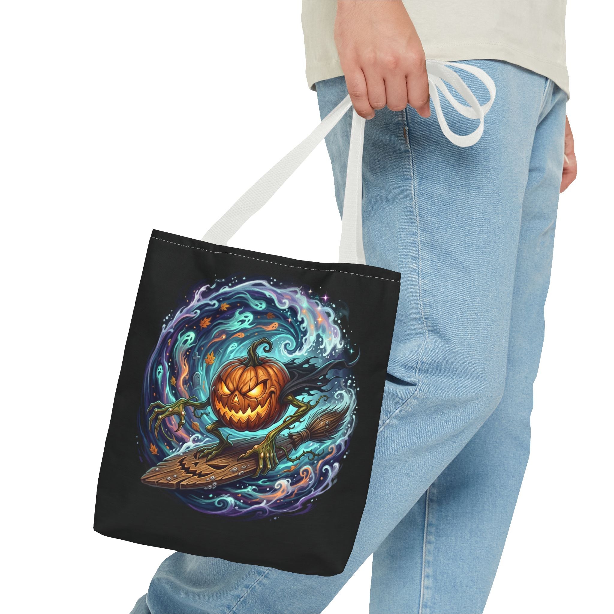 Halloween Surfing Pumpkin Tote Bag — Spooky Jack-o'-Lantern Beach Wave Tote