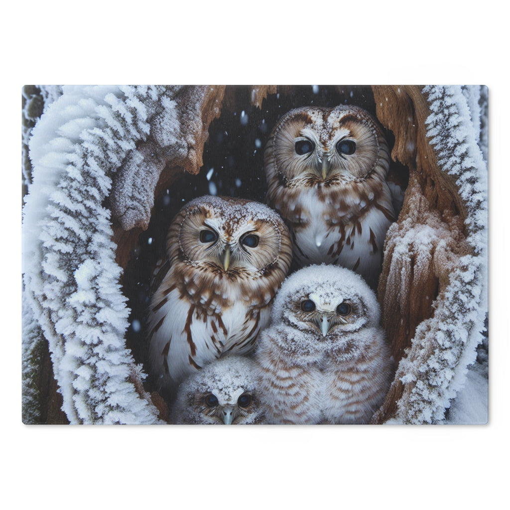 Owl Family Winter Cutting Board — Snowy Woodland Kitchen Decor