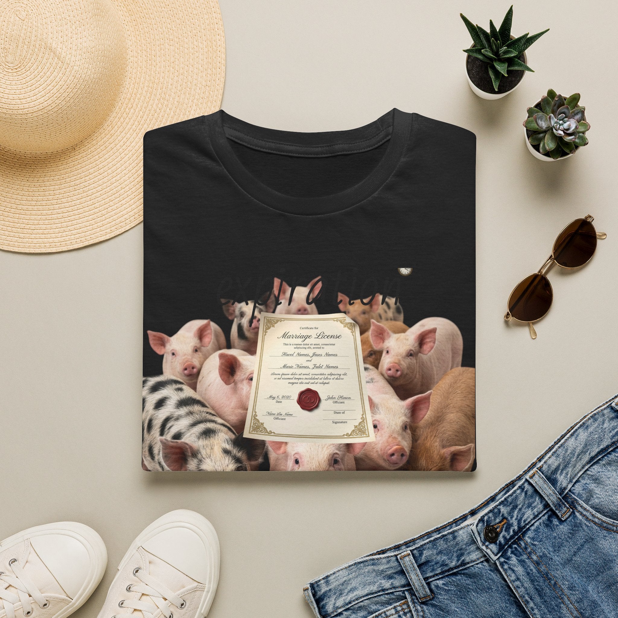 Pig Adoption Certificate T-Shirt — "Expiration Date" Cute Farm Piglet Tee