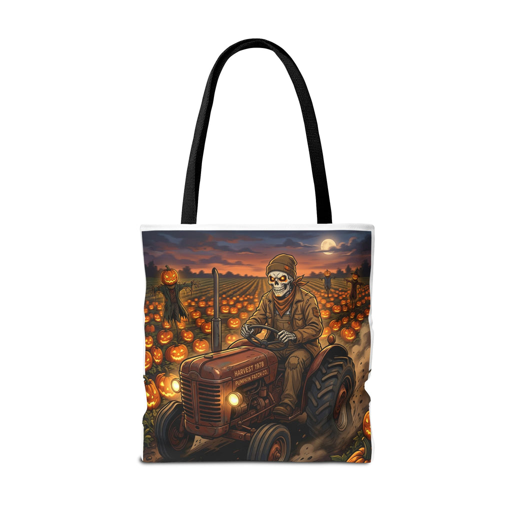 Halloween Pumpkin Field Tote — Skeletal Farmer on Tractor AOP Tote Bag