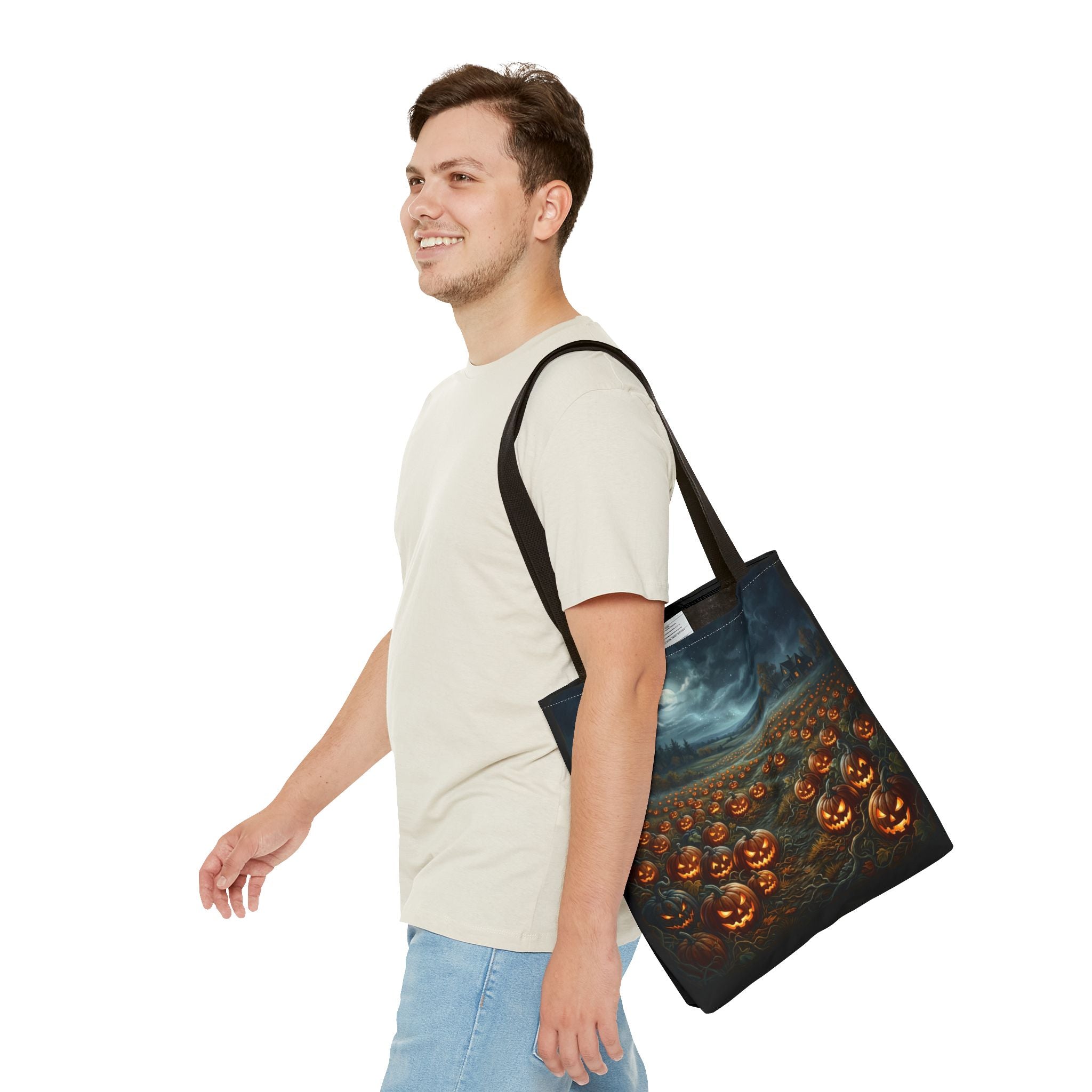 Halloween Pumpkin Field Tote Bag — Spooky Jack-O'-Lantern All-Over Print