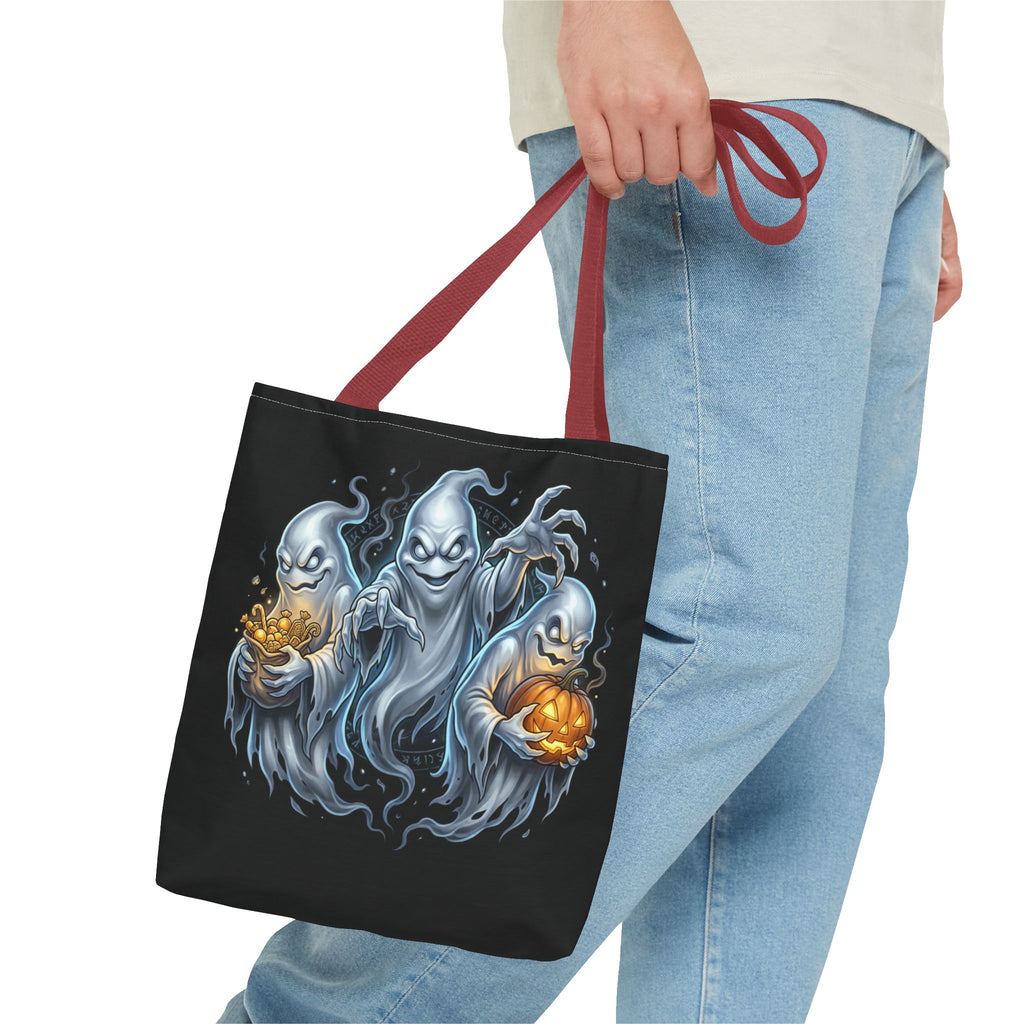 Halloween Ghost Trio Tote Bag — Spooky Pumpkin Trick-or-Treat AOP Tote