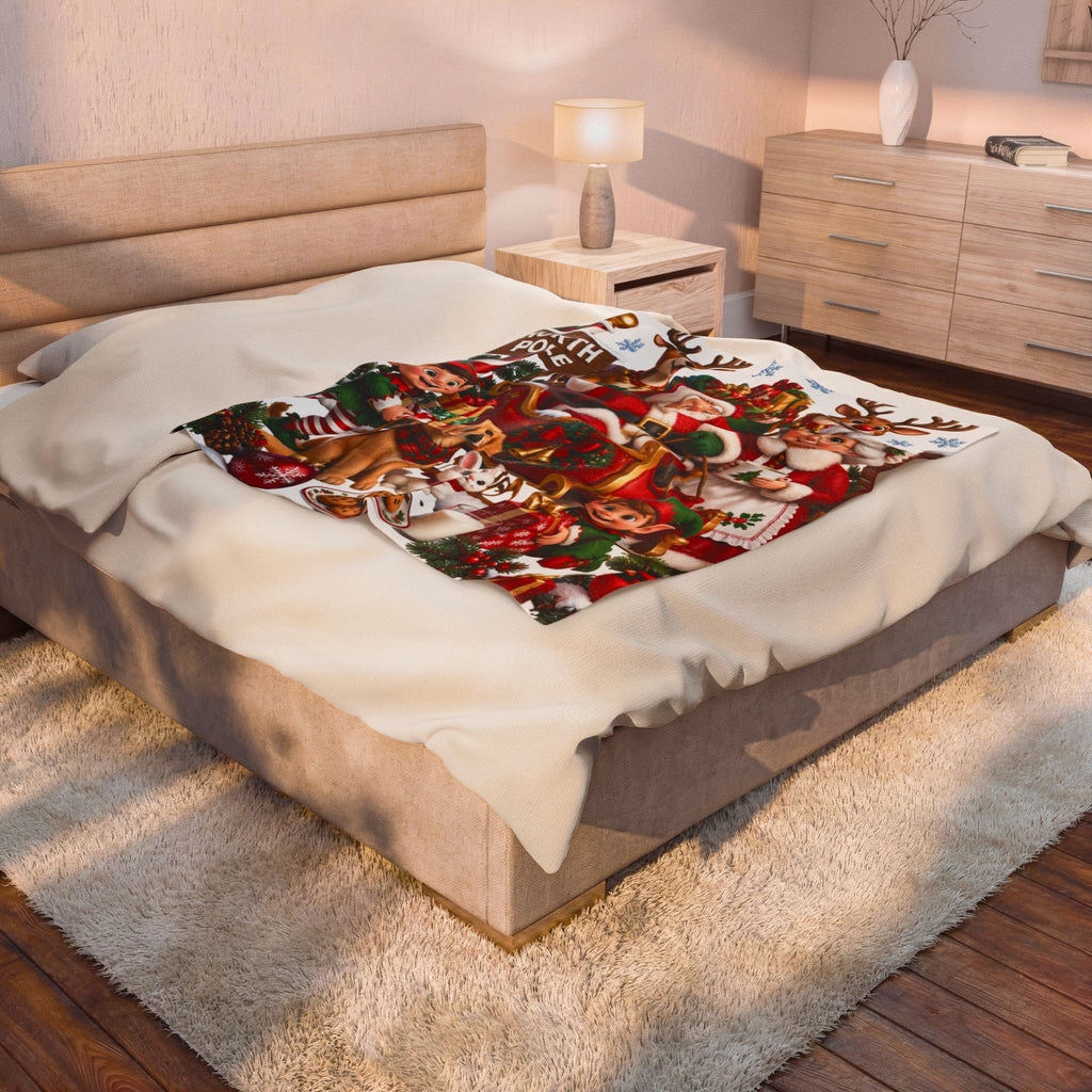 North Pole Christmas Santa & Reindeer Velveteen Plush Blanket