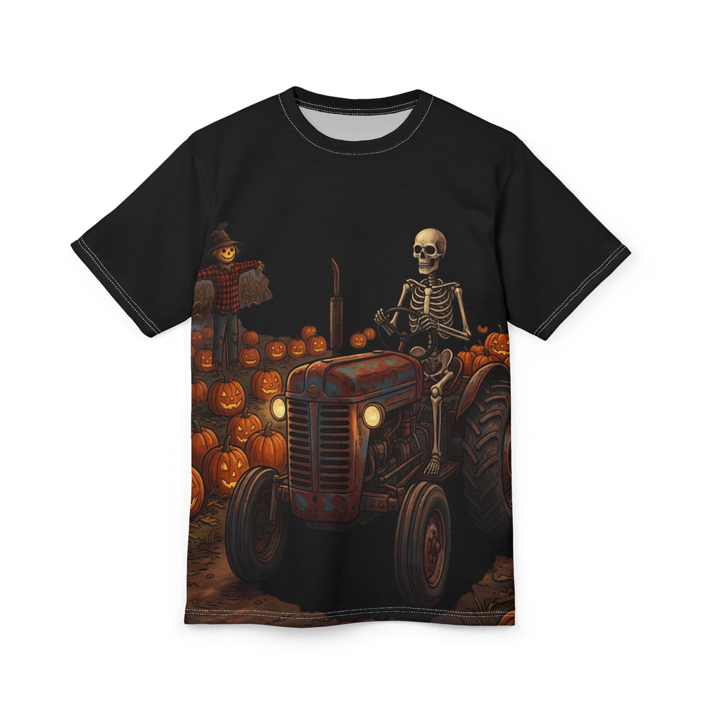 Skeleton on Tractor Halloween Tee — Pumpkin Patch All-Over Print Shirt