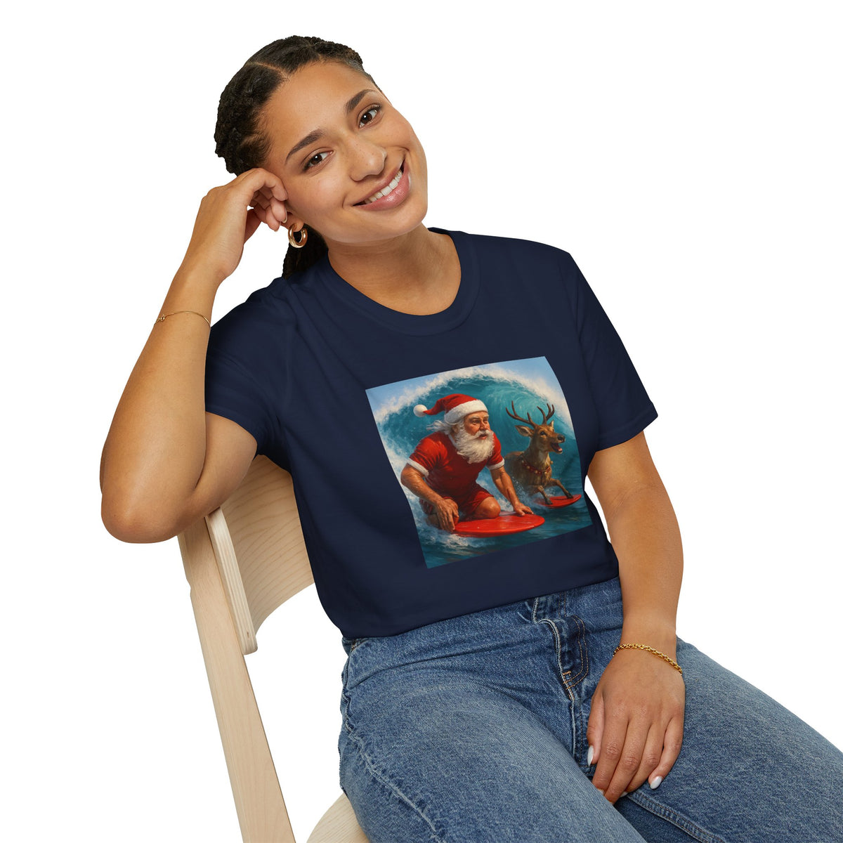 Santa Surfing T-Shirt — Retro Santa and Reindeer Surf Holiday Tee