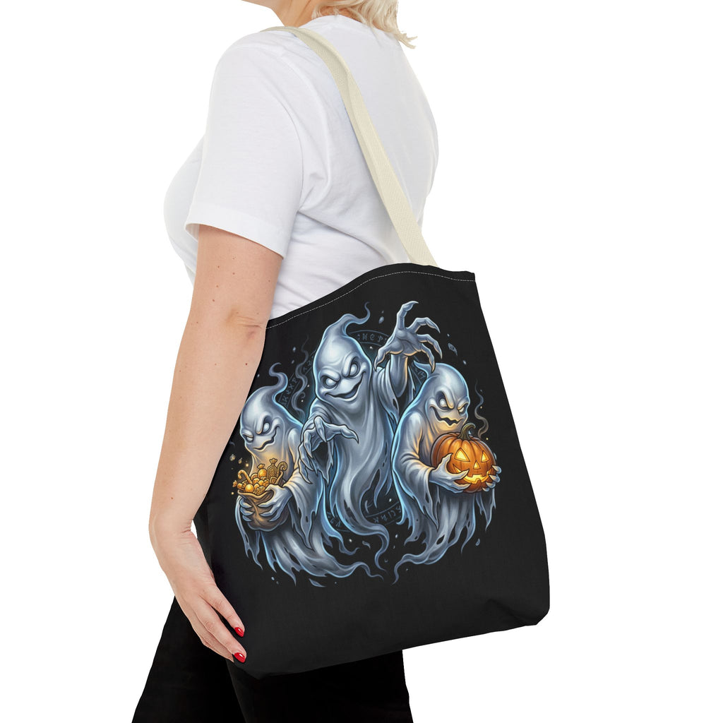 Halloween Ghost Trio Tote Bag — Spooky Pumpkin Trick-or-Treat AOP Tote