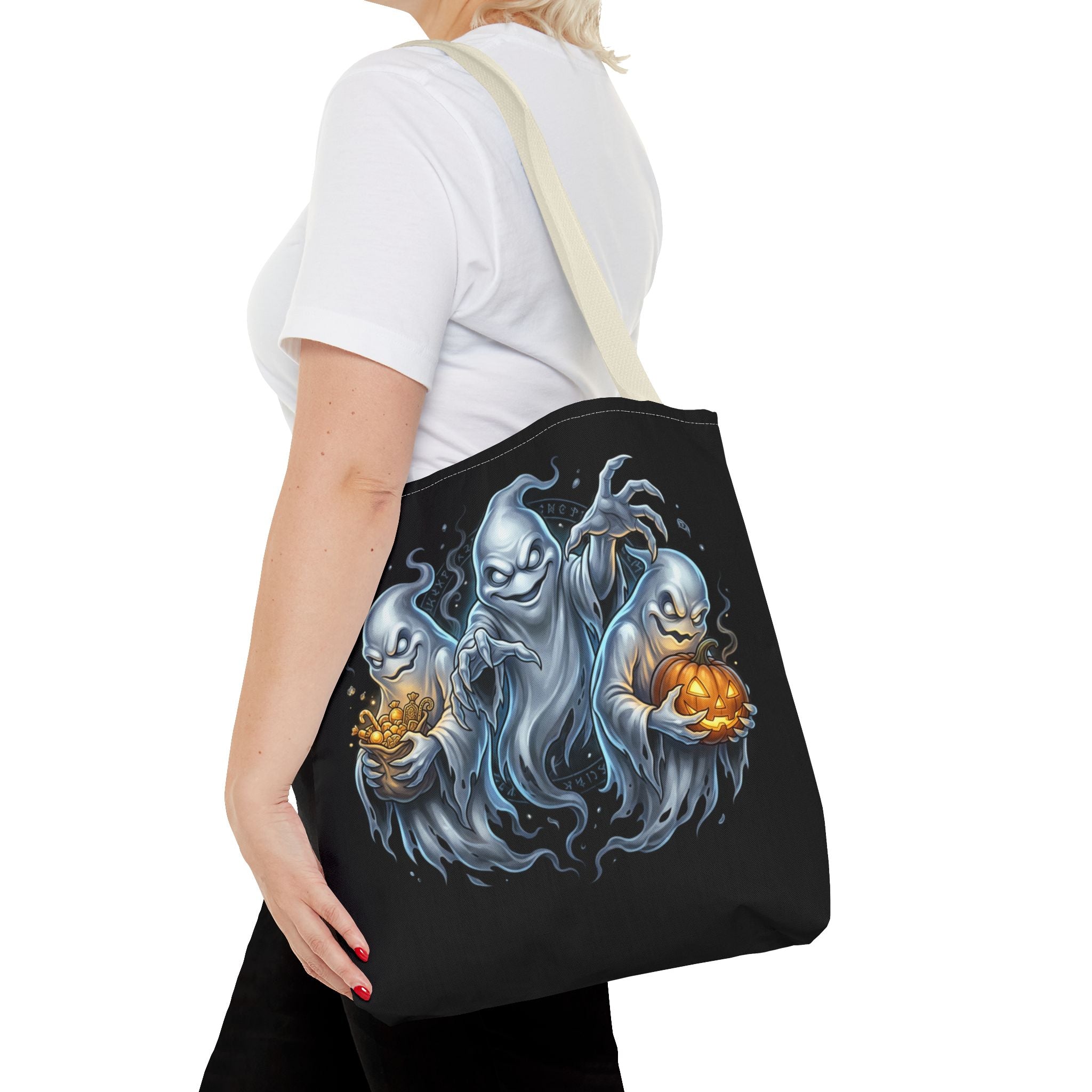 Halloween Ghost Trio Tote Bag — Spooky Pumpkin Trick-or-Treat AOP Tote