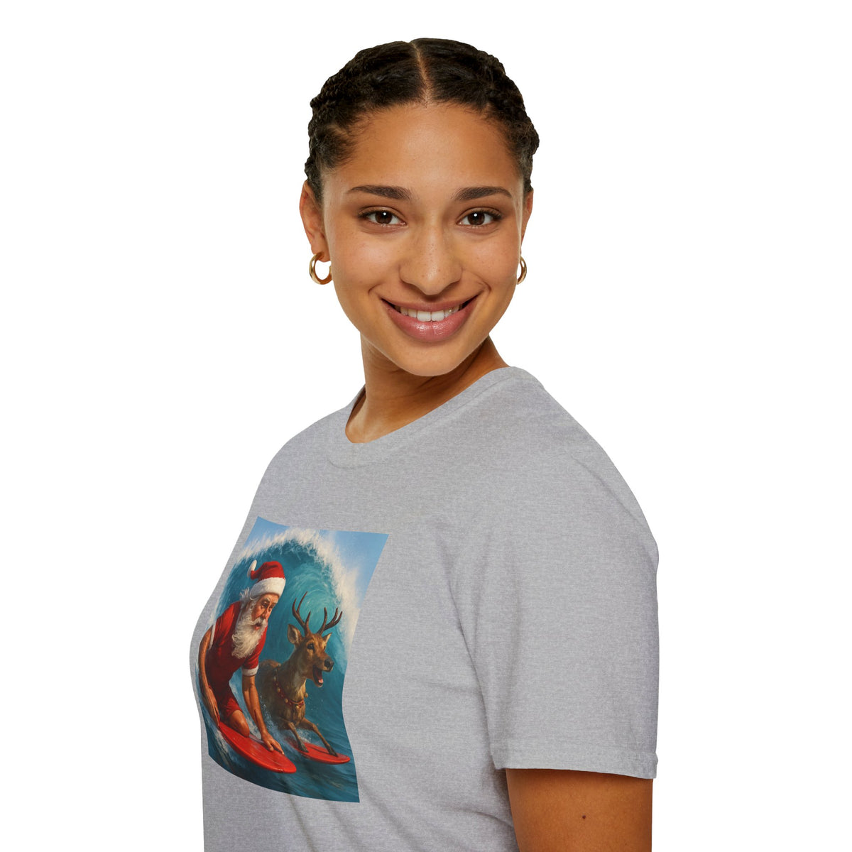 Santa Surfing T-Shirt — Retro Santa and Reindeer Surf Holiday Tee