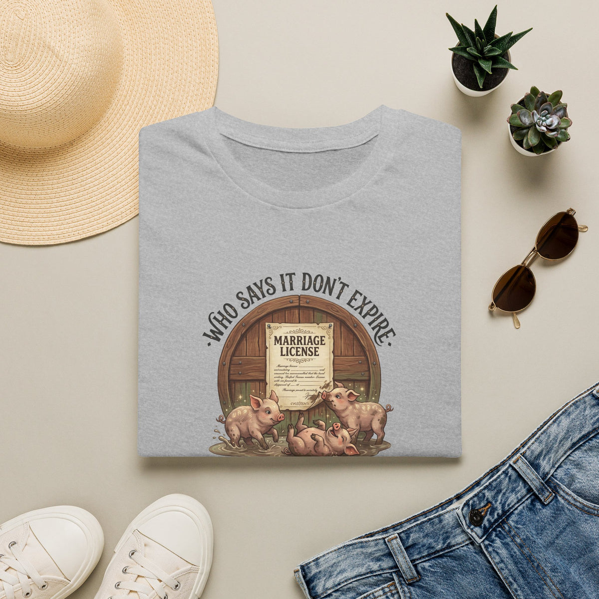 Funny Pig Wedding T-Shirt — "Who Says It Don't Expire" Marriage License Graphic Tee