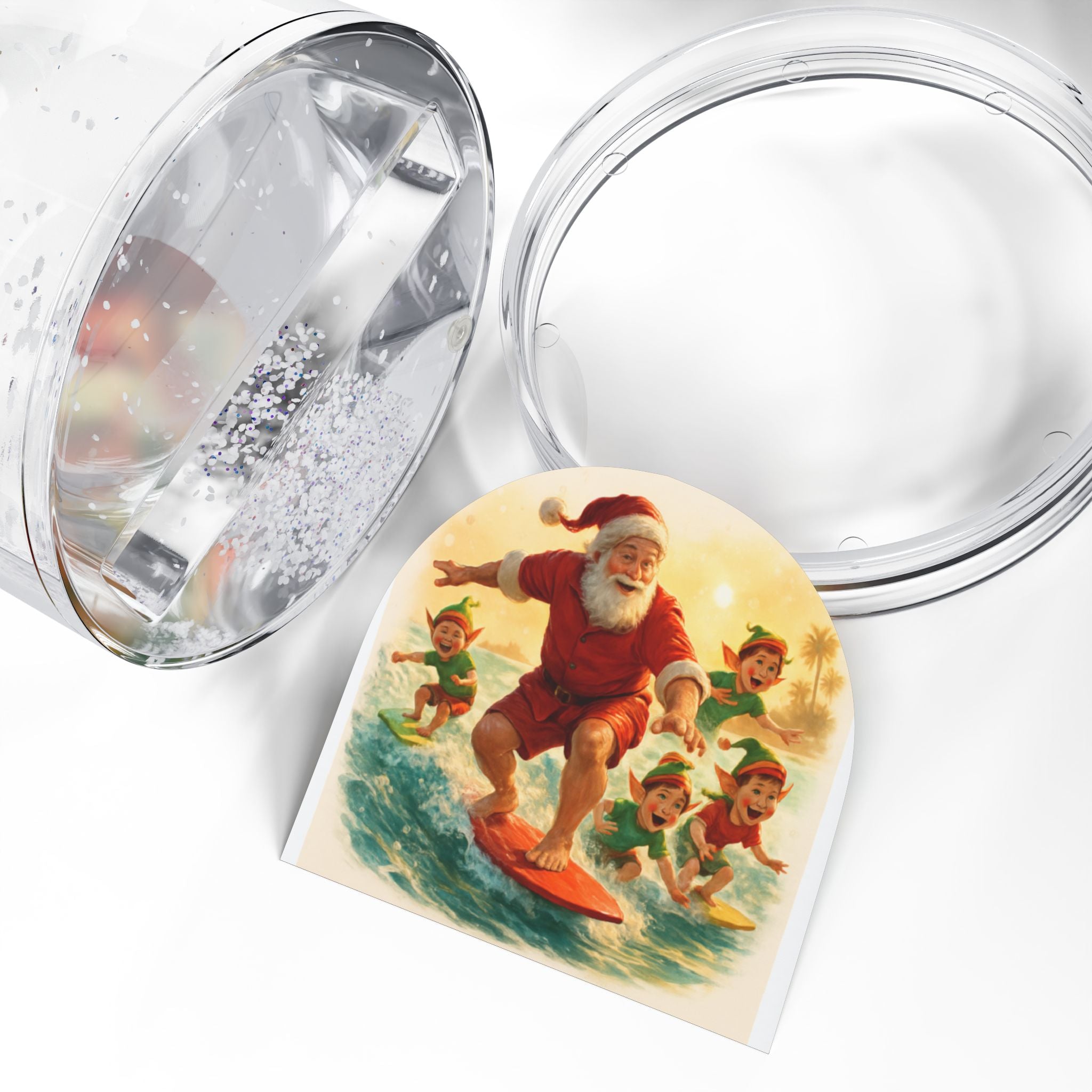 Surfing Santa Snow Globe — Festive Holiday Décor with Surfing Santa & Elves