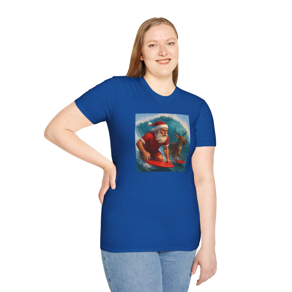Santa Surfing T-Shirt — Retro Santa and Reindeer Surf Holiday Tee