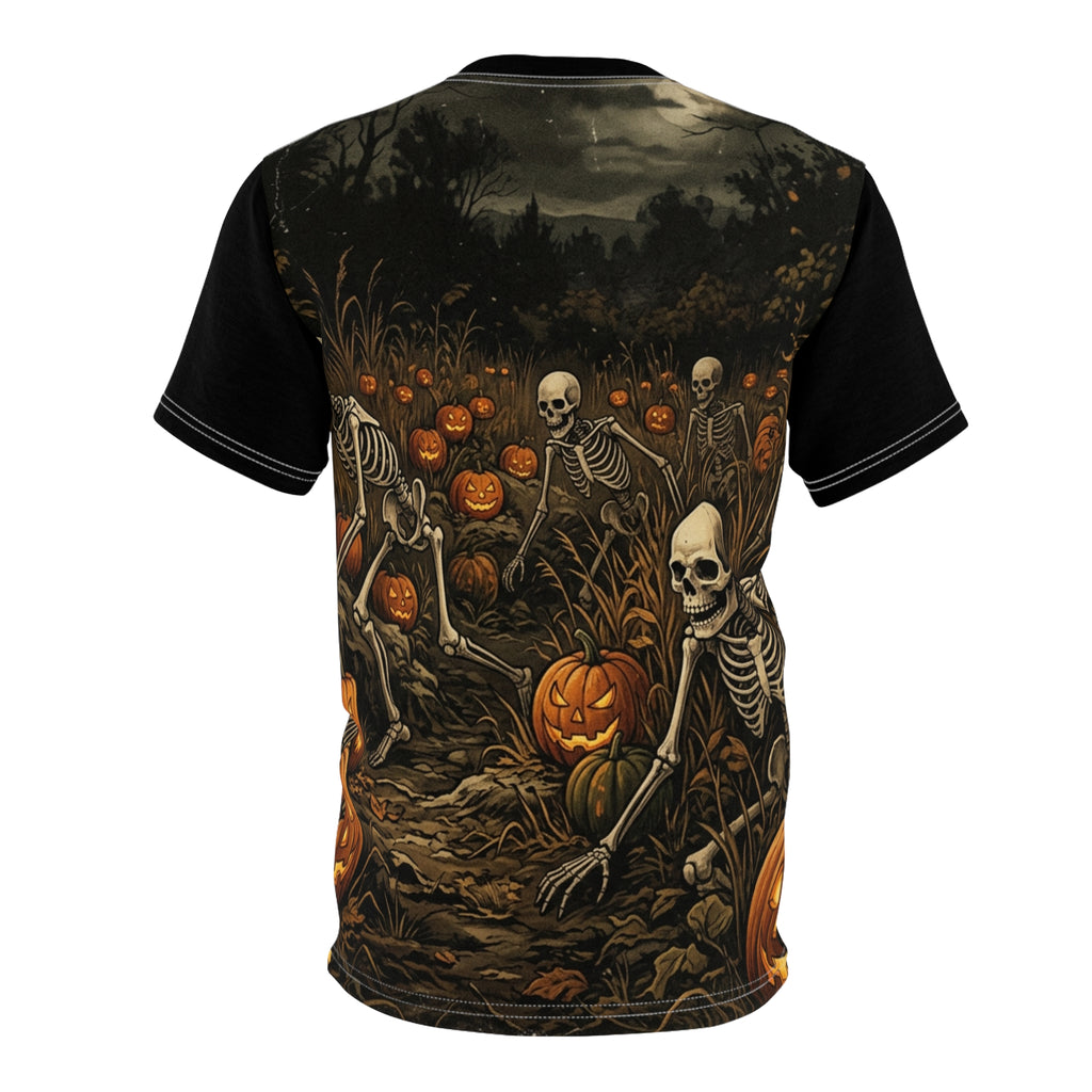 Halloween Skeleton Pumpkin Tee — Spooky Graveyard All-Over Print Shirt