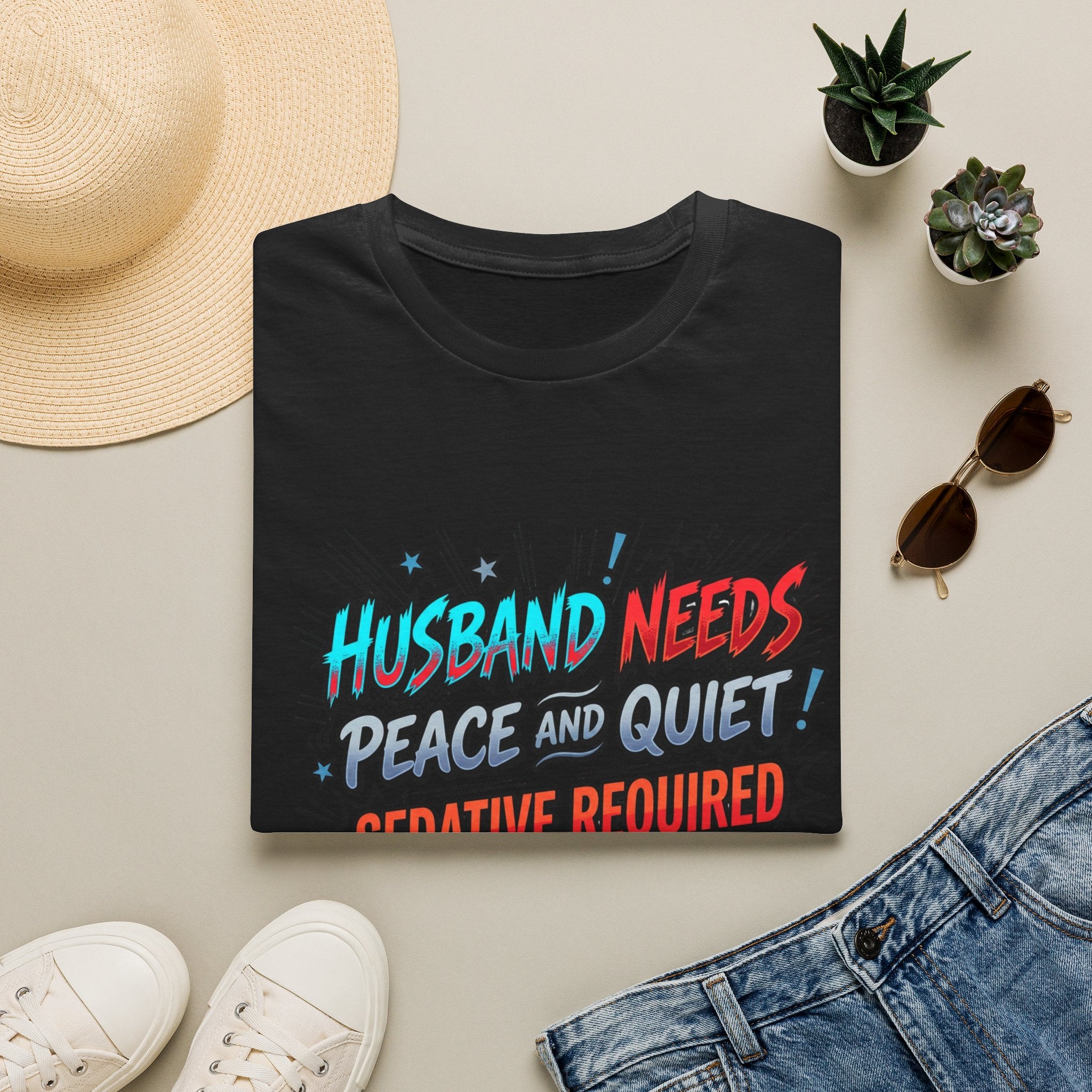 T-Shirt — "Husband Needs Peace and Quiet! Creative Required" Funny Graphic Tee for Wives & Couples