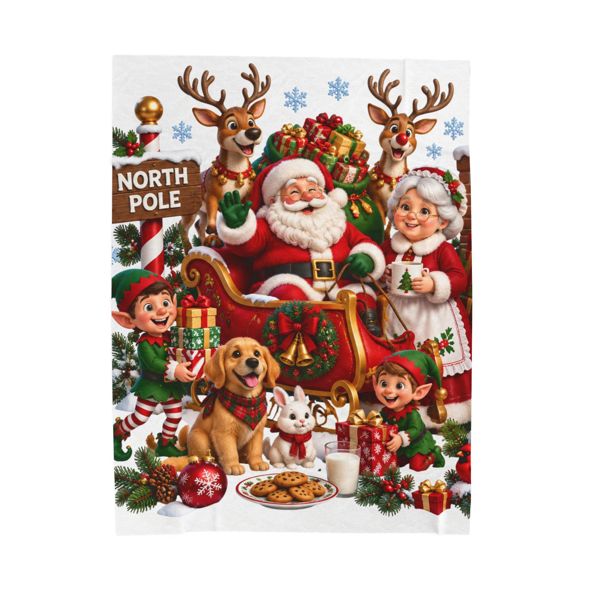 North Pole Christmas Santa & Reindeer Velveteen Plush Blanket
