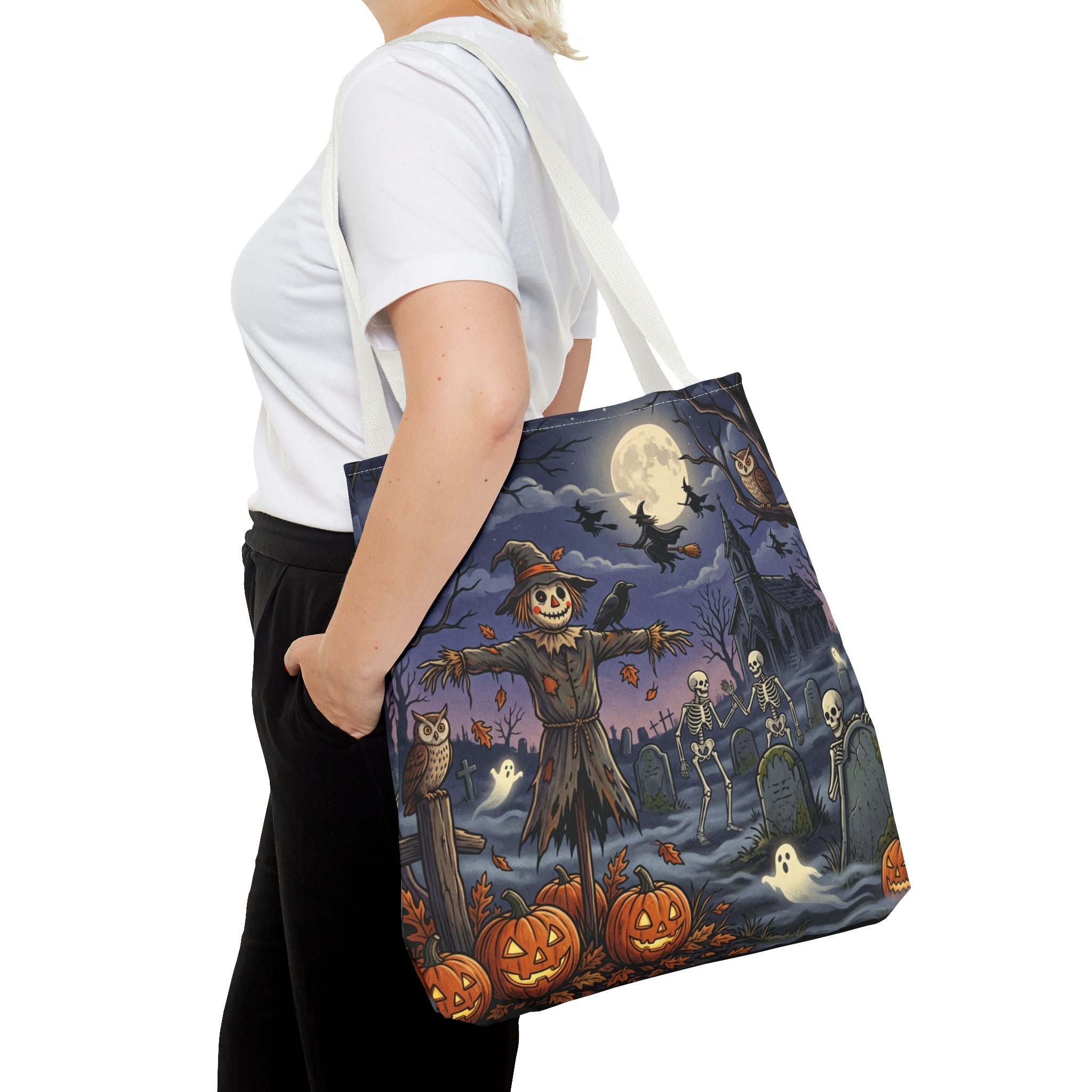 Halloween Haunted Night Tote Bag – Spooky Scarecrow & Skeletons All-Over Print