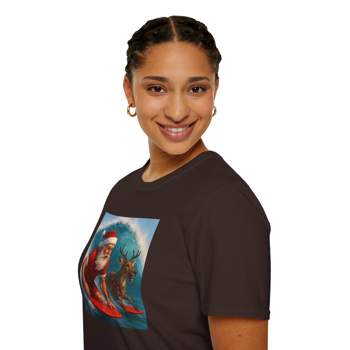 Santa Surfing T-Shirt — Retro Santa and Reindeer Surf Holiday Tee