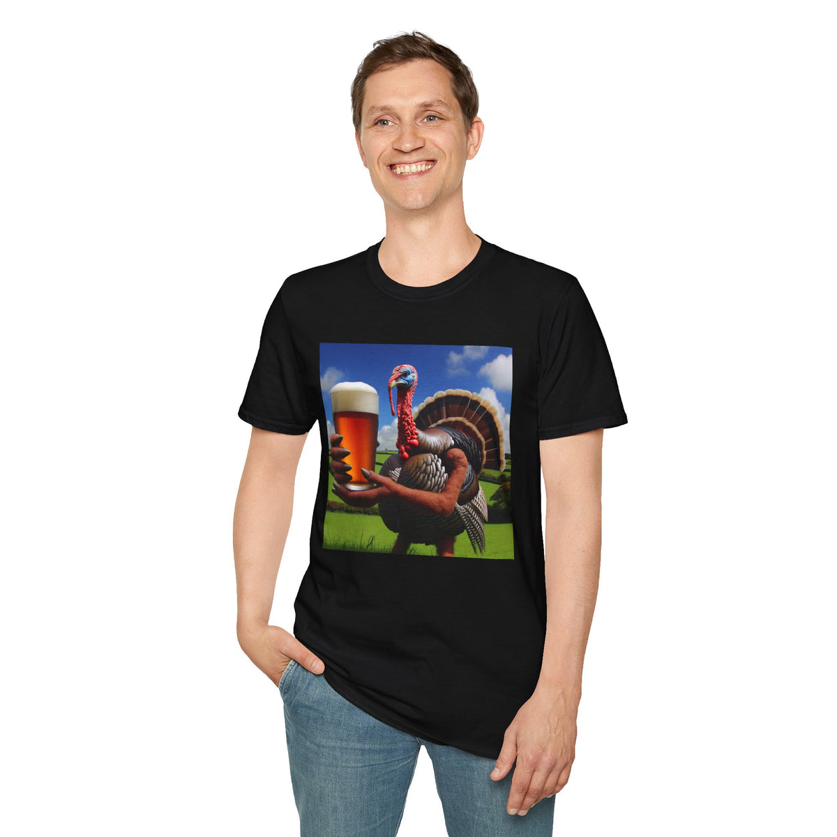 Thankful Turkey Beer T-Shirt — Funny Thanksgiving Turkey Holding Pint Tee