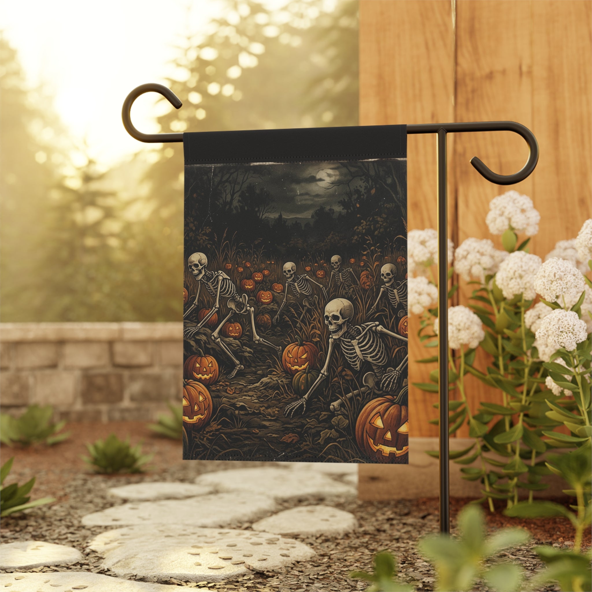 Halloween Skeleton Pumpkin Garden Flag — Spooky Outdoor House Banner