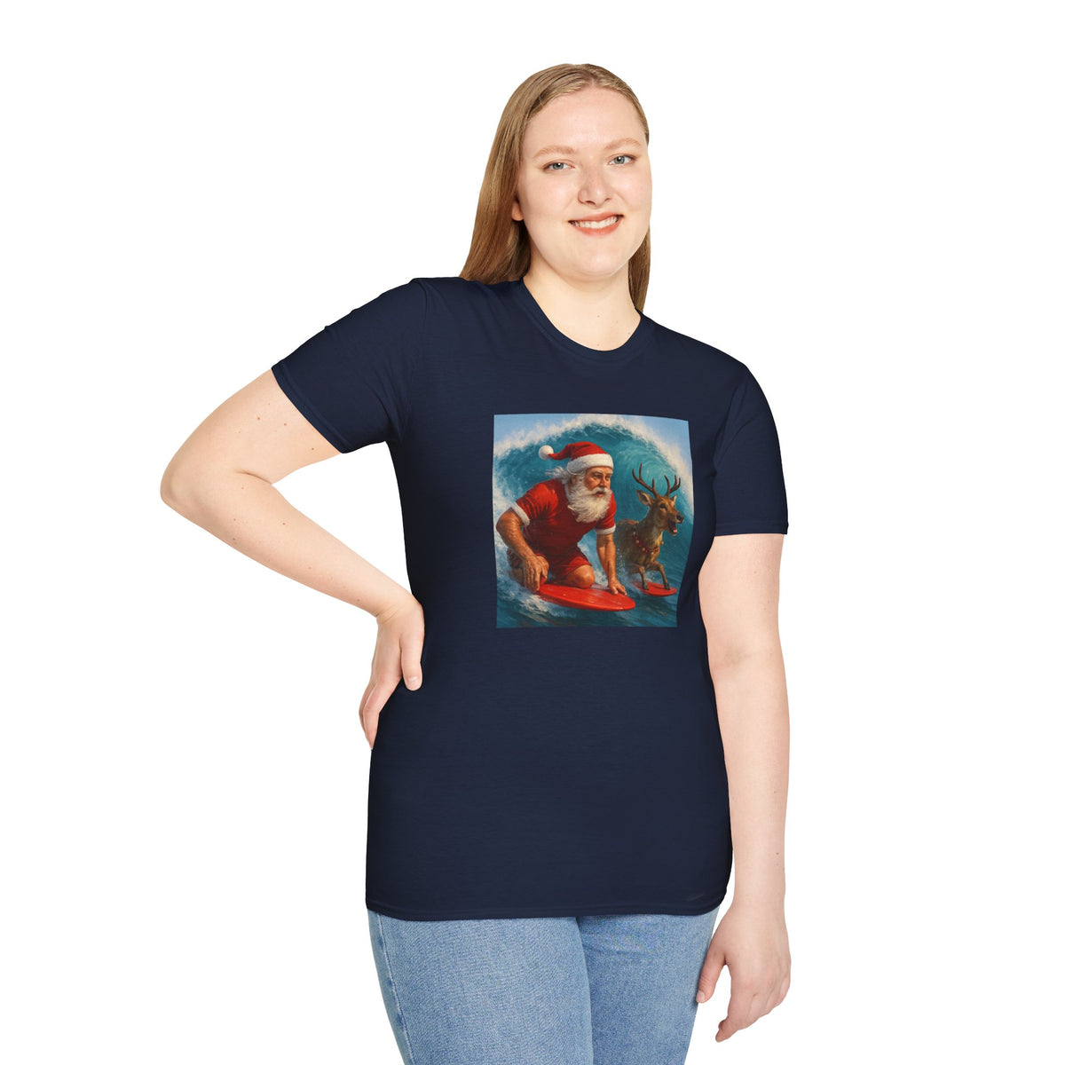 Santa Surfing T-Shirt — Retro Santa and Reindeer Surf Holiday Tee