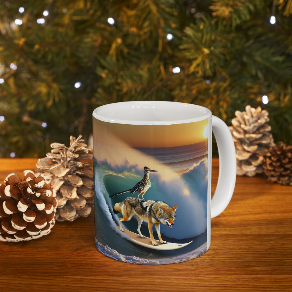 Roadrunner & Coyote Funny Desert Surfer Ceramic Coffee Mug (11oz, 15oz)