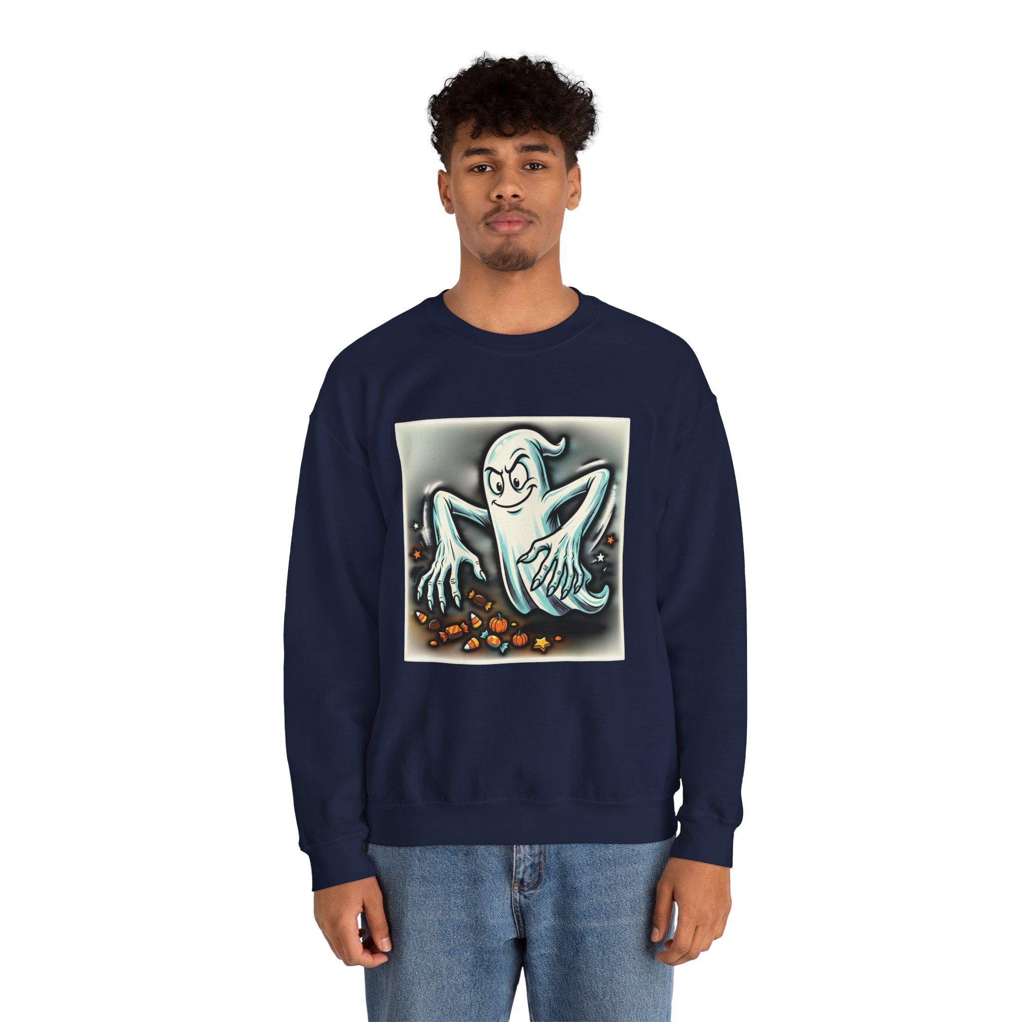 Candy Ghost Halloween Crewneck Sweatshirt — Retro Spooky Ghost with Candy Corn