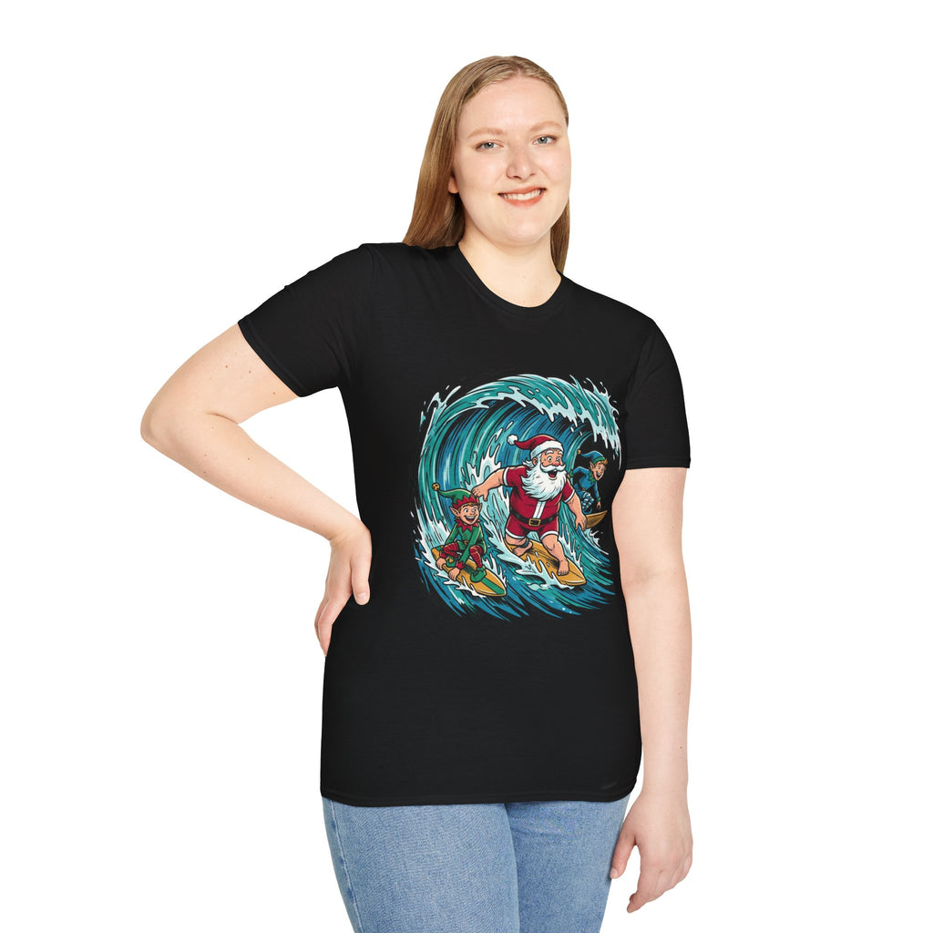 Surfing Santa T-Shirt — Christmas Beach Holiday Tee