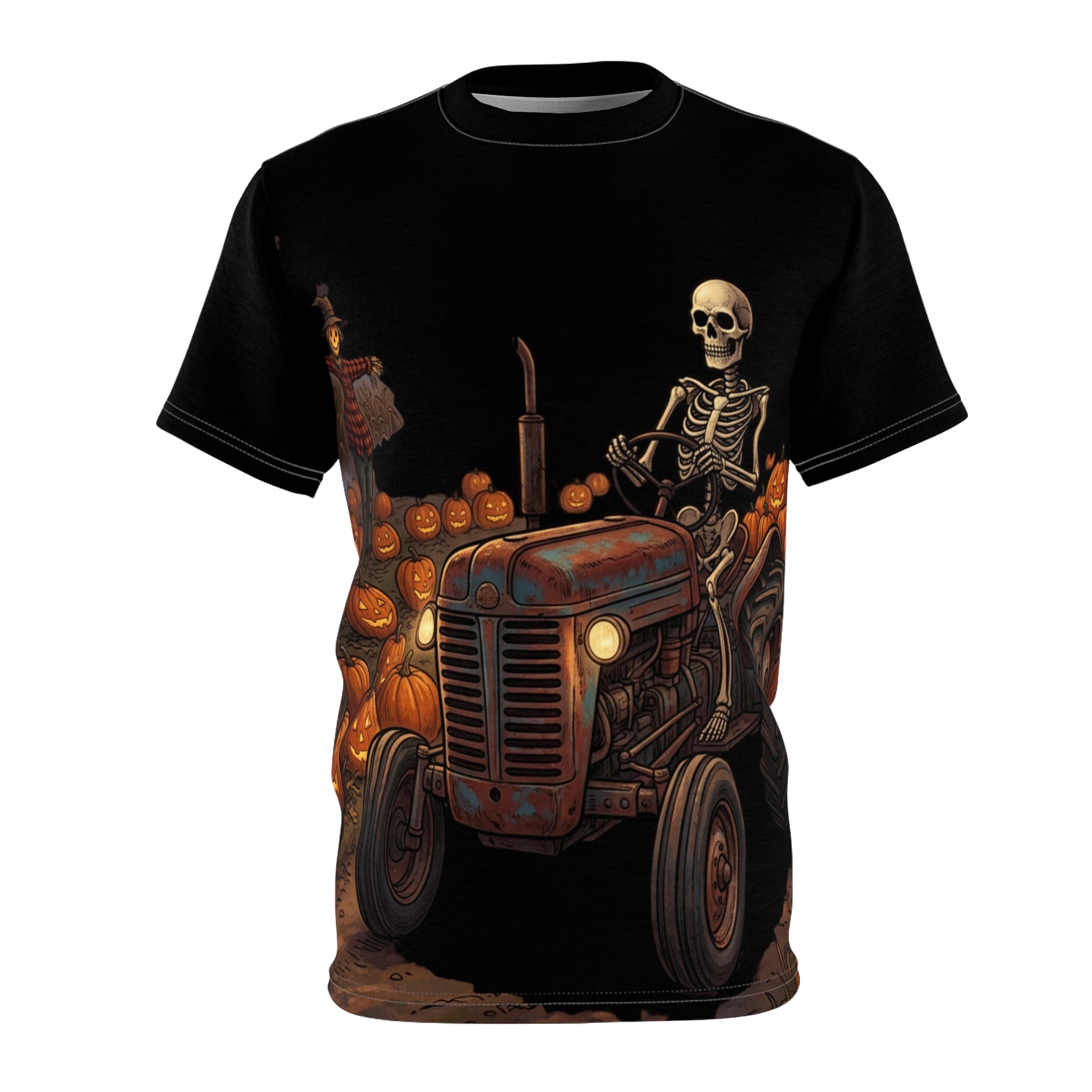 Skeleton on Tractor Halloween Tee — Pumpkin Patch All-Over Print Shirt
