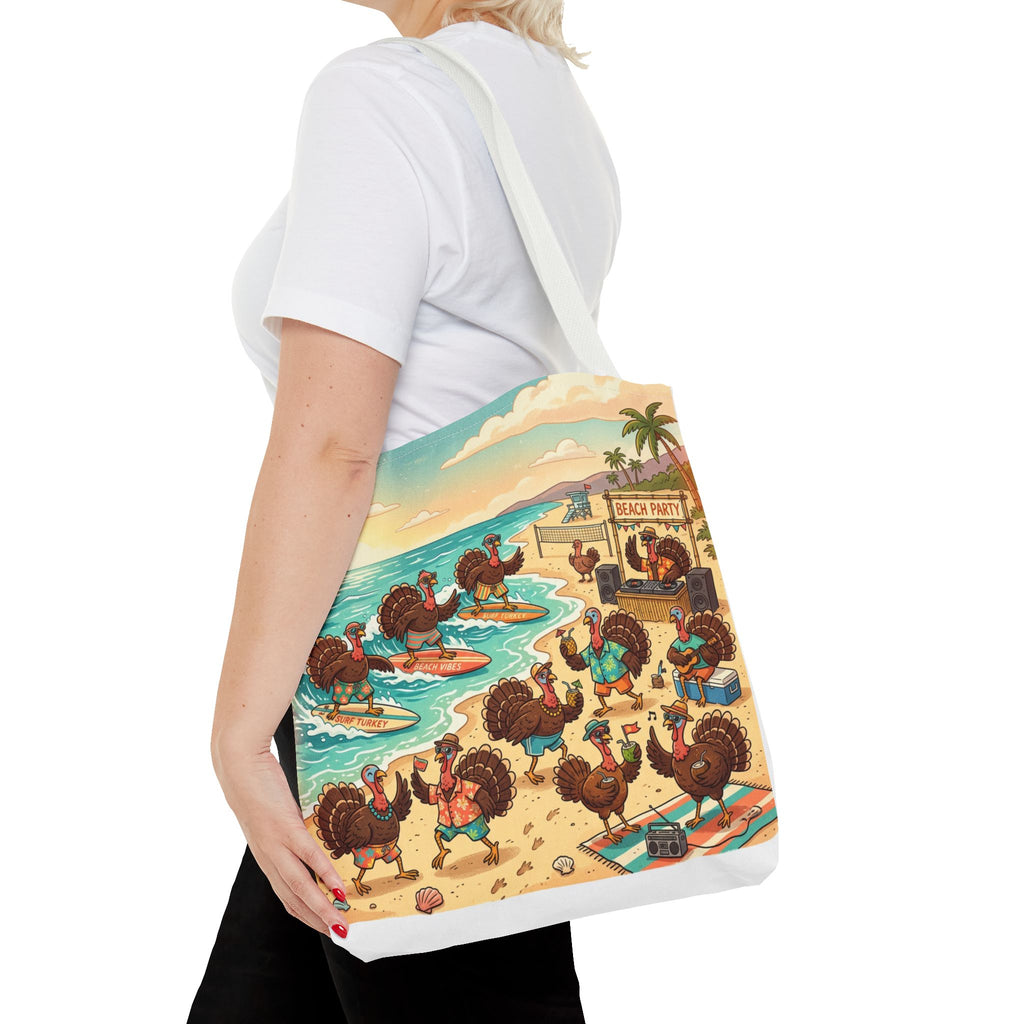 Surfing Turkeys Beach Tote Bag – Funny Thanksgiving Summer Beach Tote