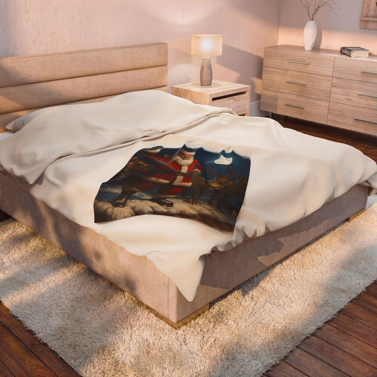 Santa Claus and Reindeer Christmas Velveteen Plush Blanket