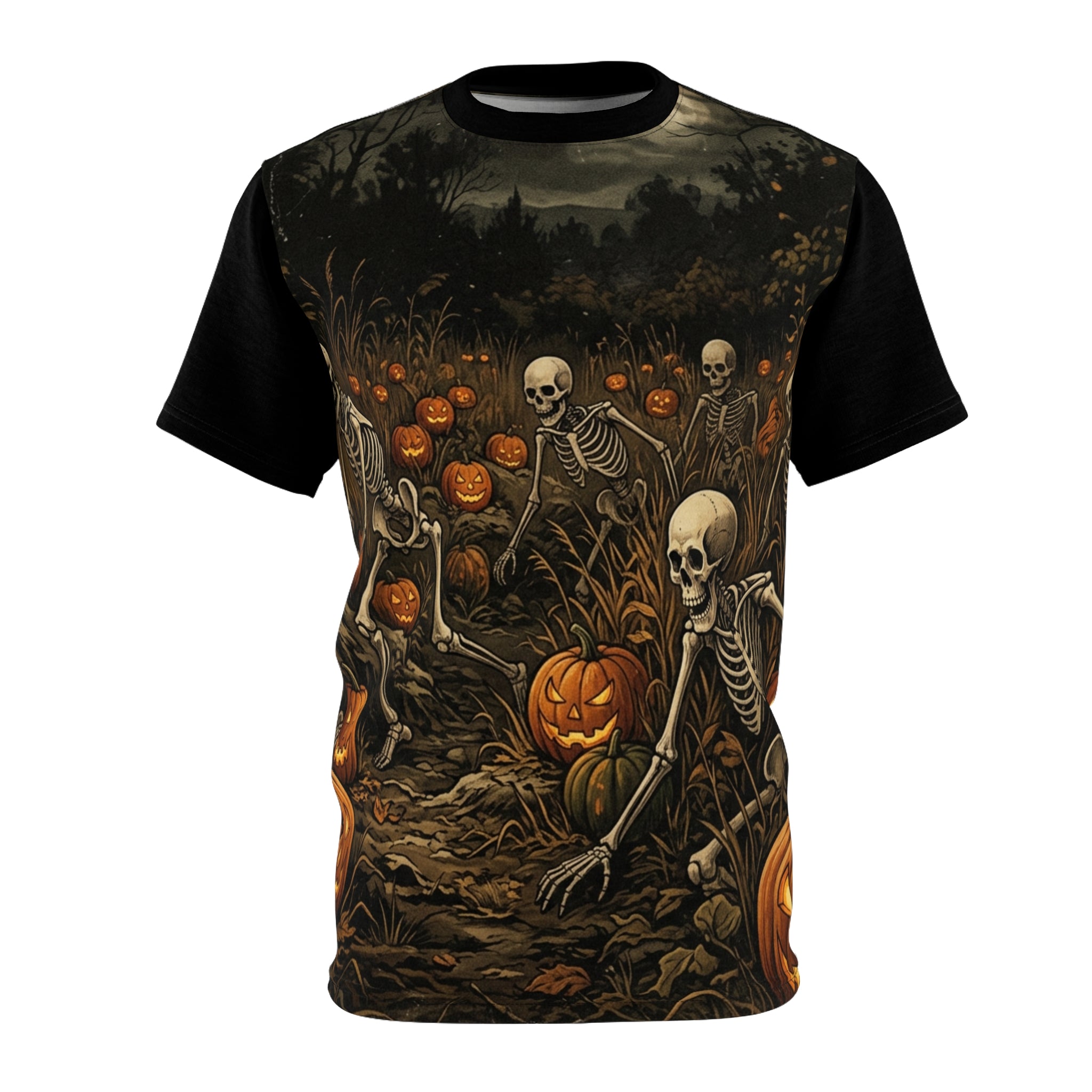 Halloween Skeleton Pumpkin Tee — Spooky Graveyard All-Over Print Shirt