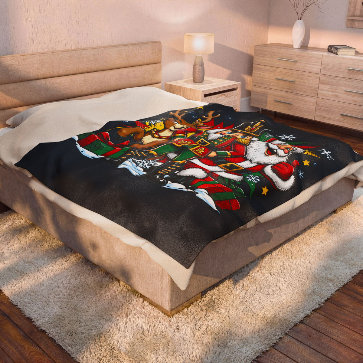 Christmas Nutcracker, Santa & Reindeer Velveteen Plush Blanket