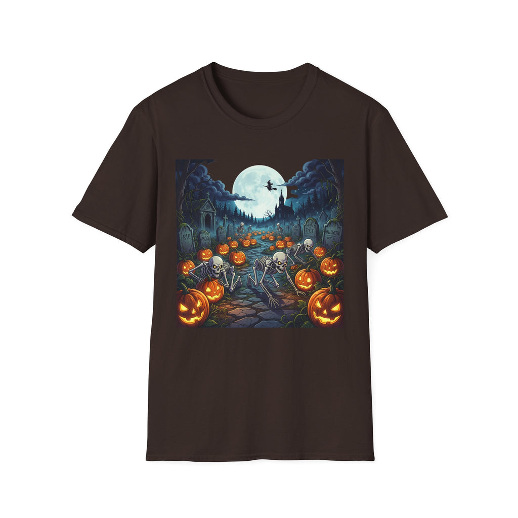 Halloween Pumpkin Patch T-Shirt — Haunted Moonlit Cemetery Graphic Tee