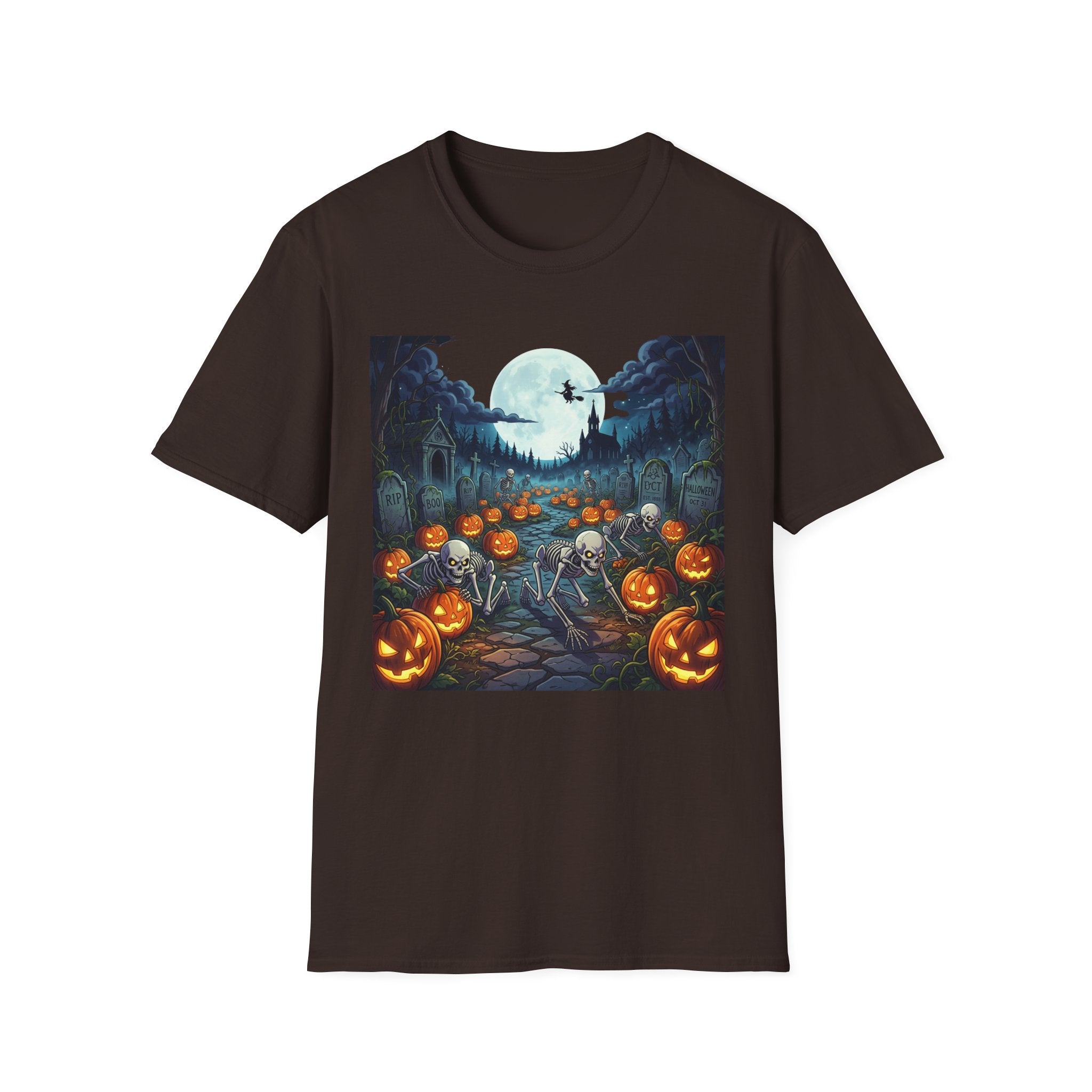 Halloween Pumpkin Patch T-Shirt — Haunted Moonlit Cemetery Graphic Tee