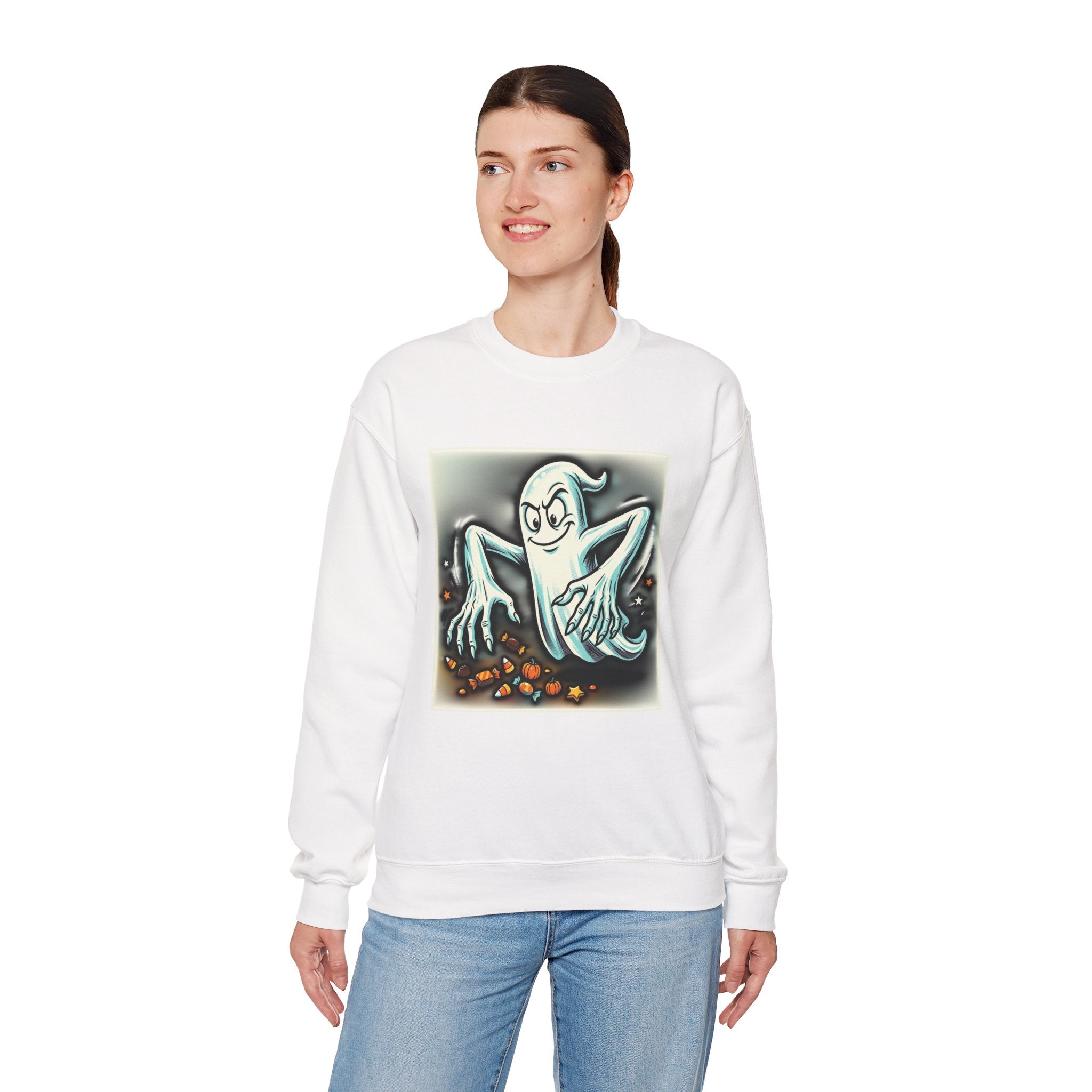 Candy Ghost Halloween Crewneck Sweatshirt — Retro Spooky Ghost with Candy Corn