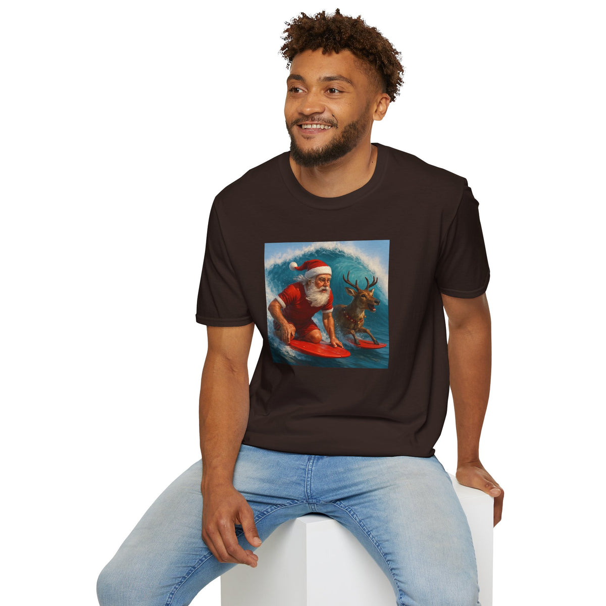 Santa Surfing T-Shirt — Retro Santa and Reindeer Surf Holiday Tee