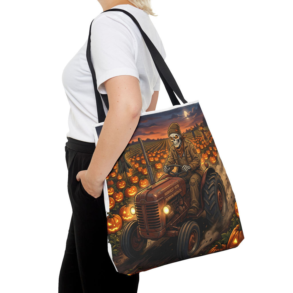 Halloween Pumpkin Field Tote — Skeletal Farmer on Tractor AOP Tote Bag