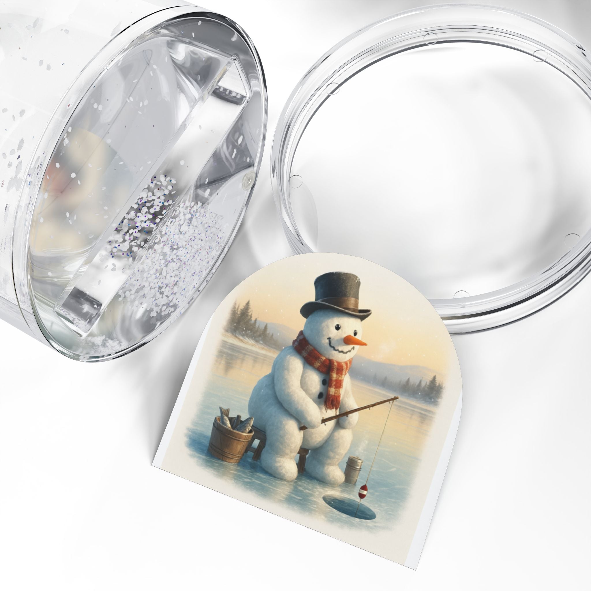 Snowman Fishing Snow Globe — Vintage Holiday Winter Decor