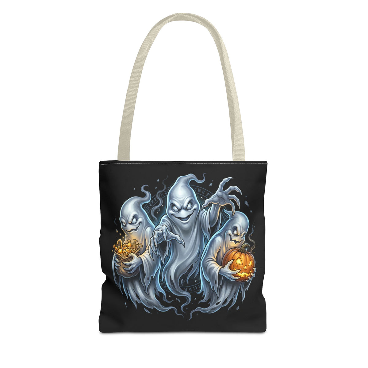 Halloween Ghost Trio Tote Bag — Spooky Pumpkin Trick-or-Treat AOP Tote