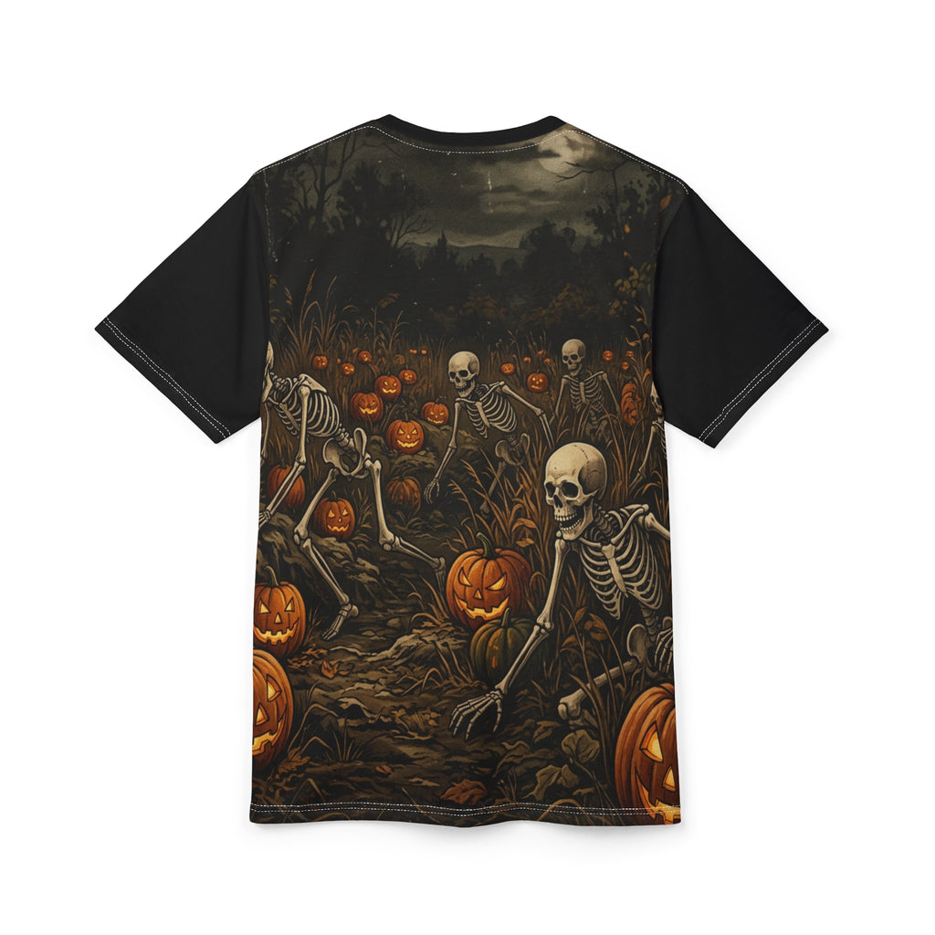 Halloween Skeleton Pumpkin Tee — Spooky Graveyard All-Over Print Shirt